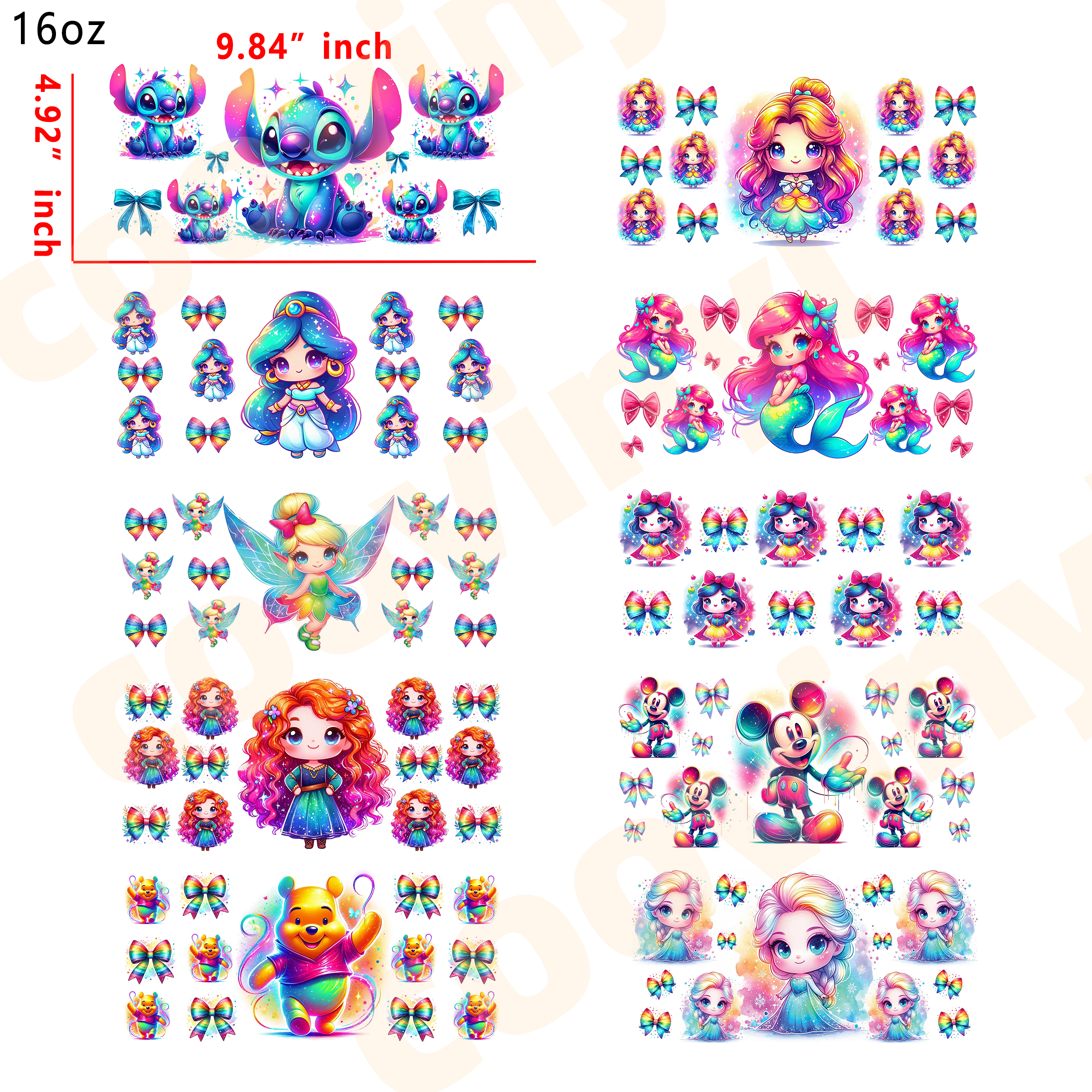 (T27)  10pcs DISNEY MIX 16OZ Tumbler Cup Wraps, Waterproof Fade-Resistant Decal Stickers, Vivid HD Print with Strong Adhesion, Customizable Transfers for Glass Cups, Mugs & Smooth Surfaces, DIY Art Craft Supplies