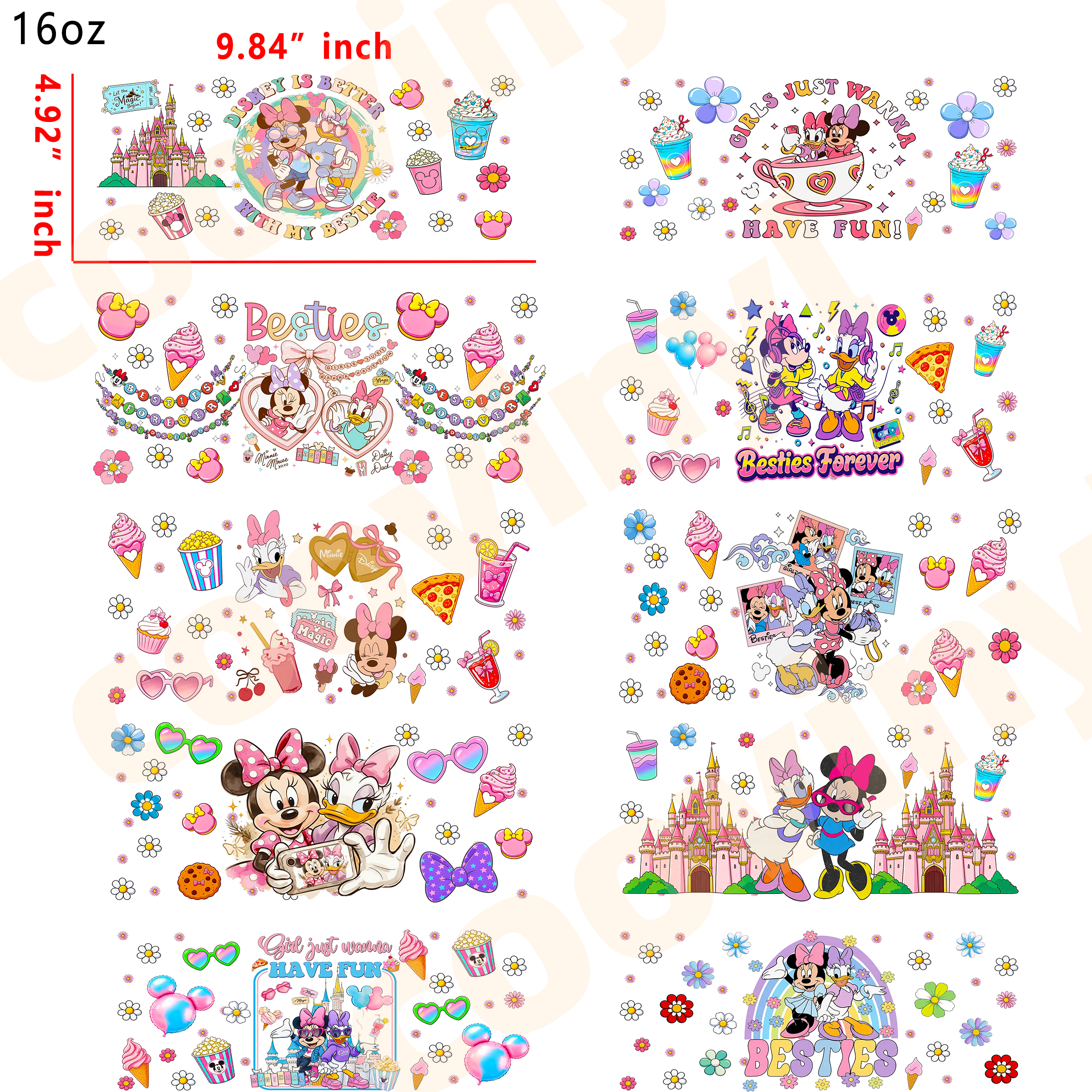 (T48)  10pcs disney besties 16OZ Tumbler Cup Wraps, Waterproof Fade-Resistant Decal Stickers, Vivid HD Print with Strong Adhesion, Customizable Transfers for Glass Cups, Mugs & Smooth Surfaces, DIY Art Craft Supplies