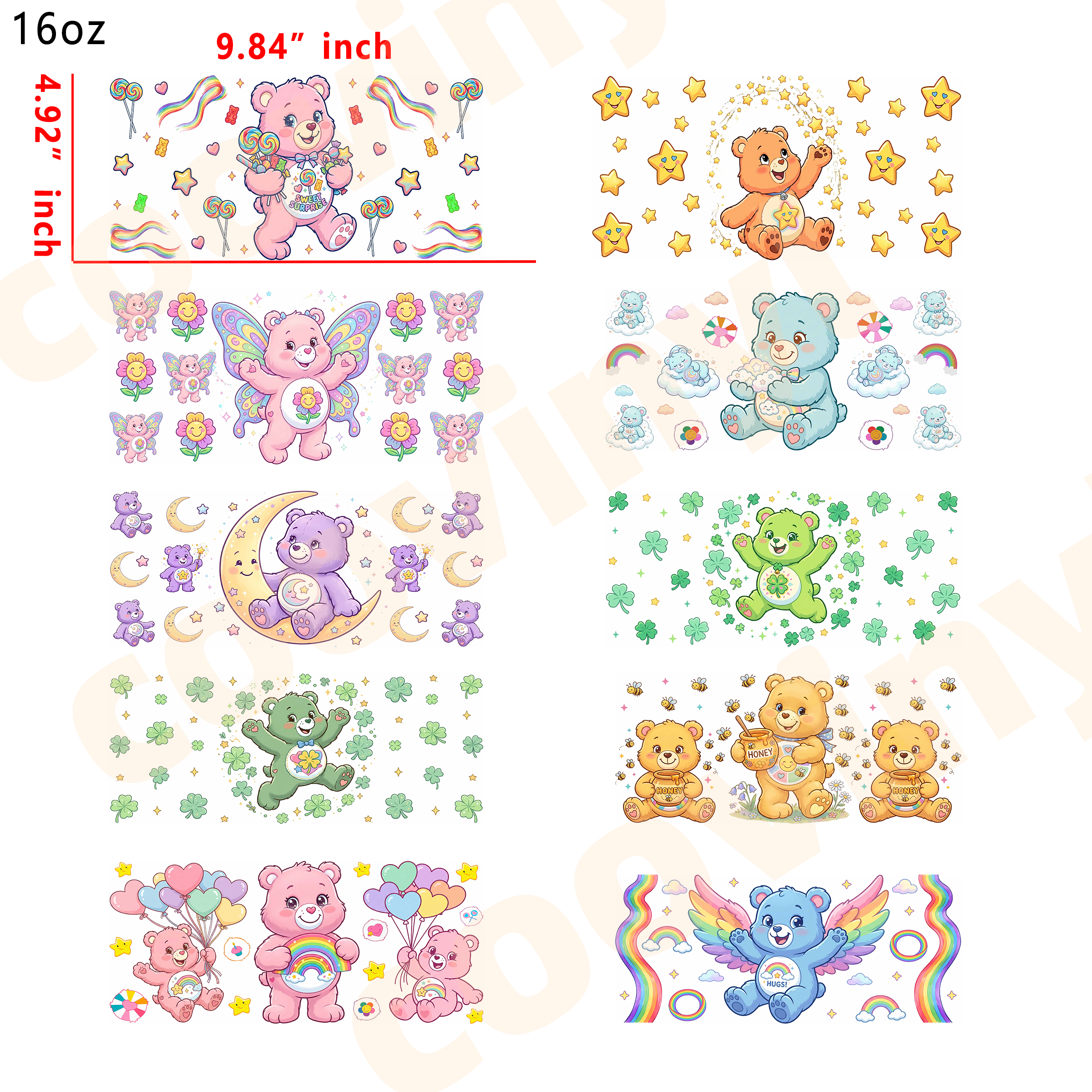 (T52)  20pcs carebear 16OZ Tumbler Cup Wraps, Waterproof Fade-Resistant Decal Stickers, Vivid HD Print with Strong Adhesion, Customizable Transfers for Glass Cups, Mugs & Smooth Surfaces, DIY Art Craft Supplies