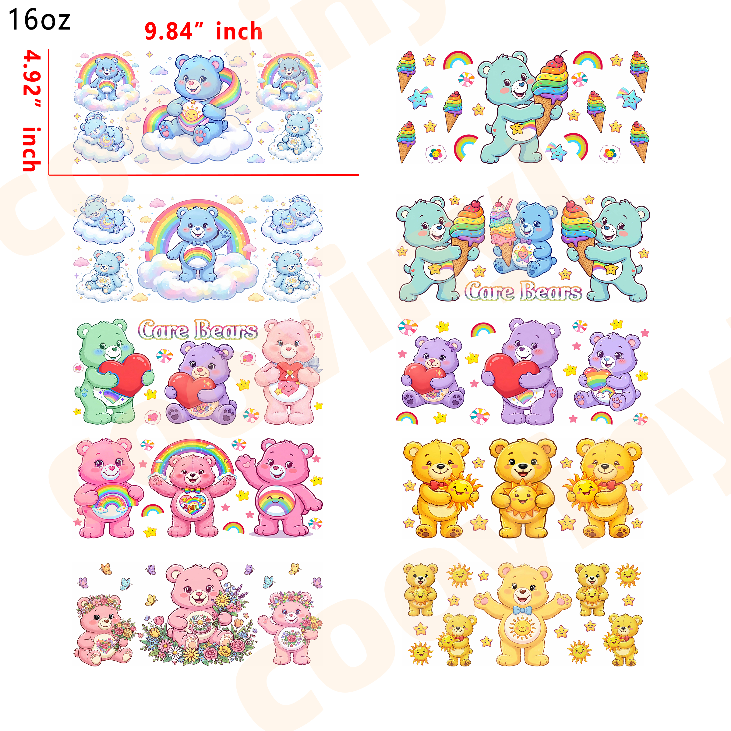 (T52)  20pcs carebear 16OZ Tumbler Cup Wraps, Waterproof Fade-Resistant Decal Stickers, Vivid HD Print with Strong Adhesion, Customizable Transfers for Glass Cups, Mugs & Smooth Surfaces, DIY Art Craft Supplies