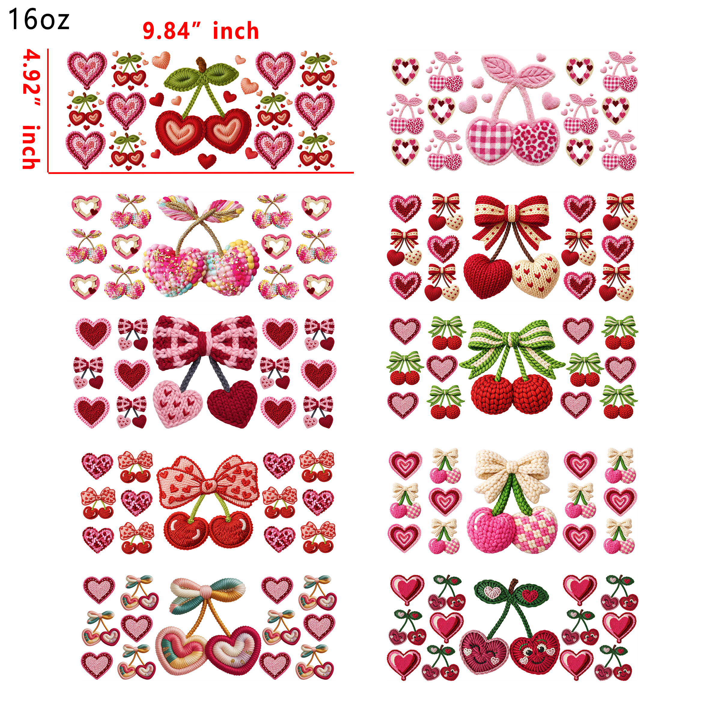 (X99) 10pcs Embroidery Cherry  16OZ Tumbler Cup Wraps, Waterproof Fade-Resistant Decal Stickers, Vivid HD Print with Strong Adhesion, Customizable Transfers for Glass Cups, Mugs & Smooth Surfaces, DIY Art Craft Supplies