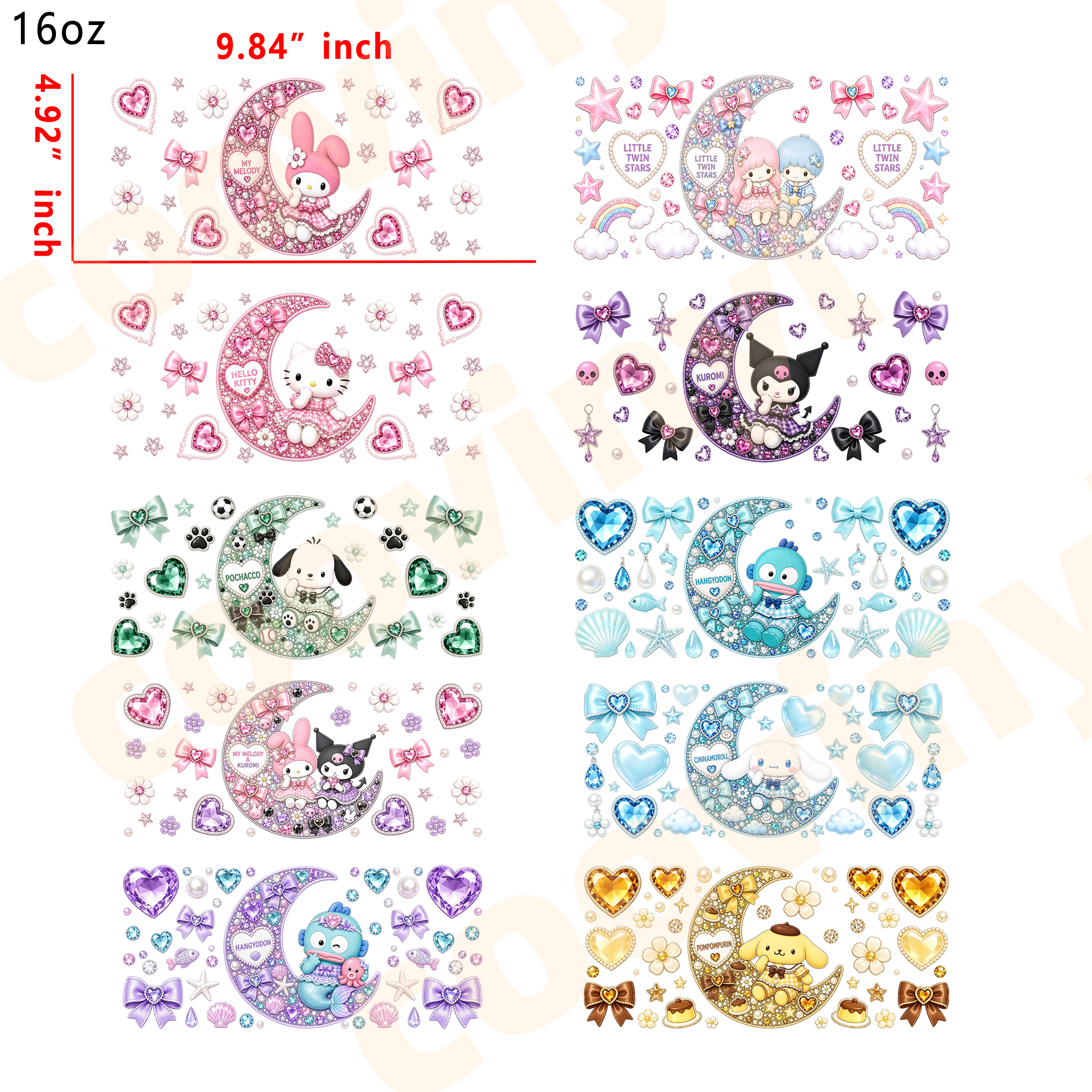 (M28)  10pcs sanrio moon 16OZ Tumbler Cup Wraps, Waterproof Fade-Resistant Decal Stickers, Vivid HD Print with Strong Adhesion, Customizable Transfers for Glass Cups, Mugs & Smooth Surfaces, DIY Art Craft Supplies