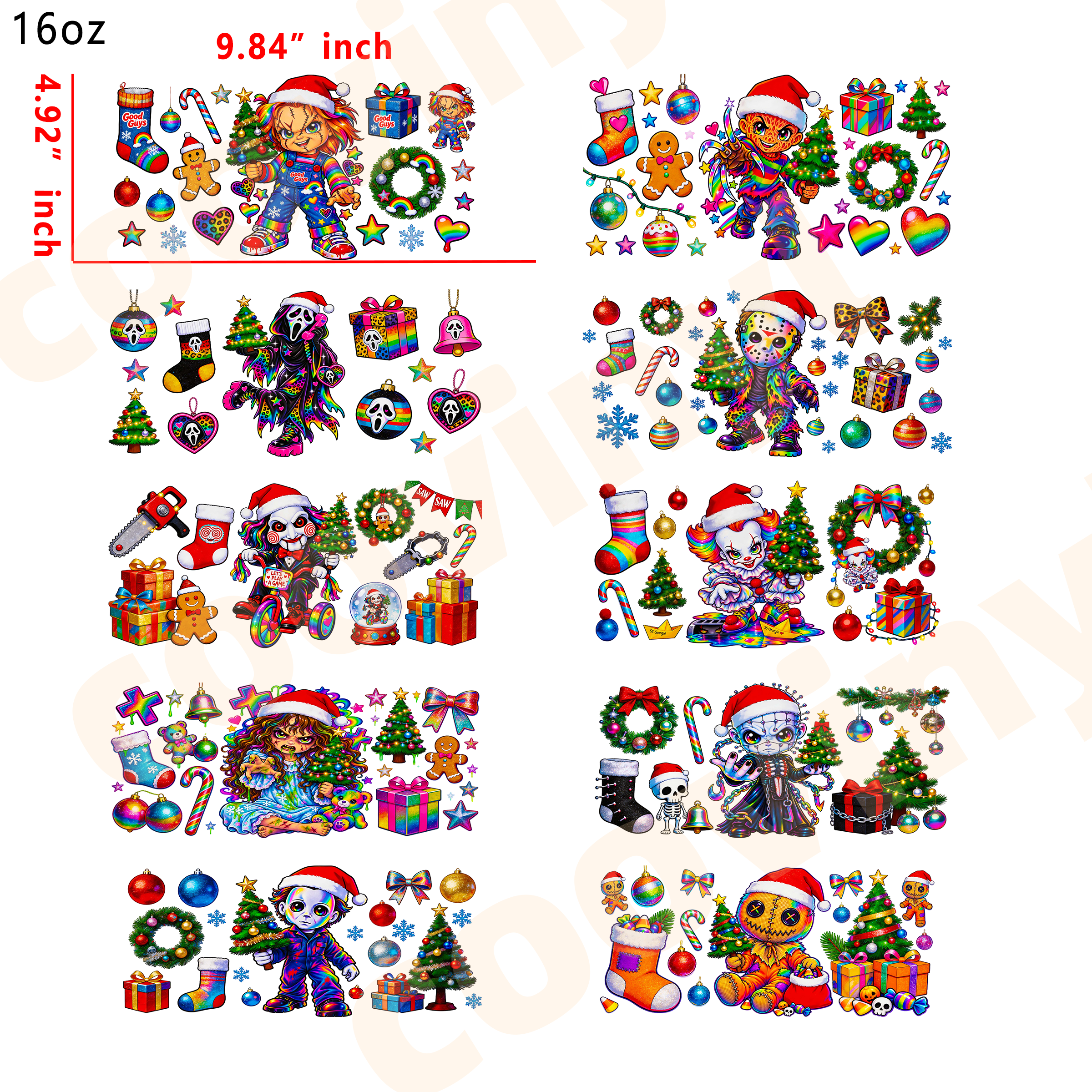 (M37)  10pcs horror Christmas 16OZ Tumbler Cup Wraps, Waterproof Fade-Resistant Decal Stickers, Vivid HD Print with Strong Adhesion, Customizable Transfers for Glass Cups, Mugs & Smooth Surfaces, DIY Art Craft Supplies