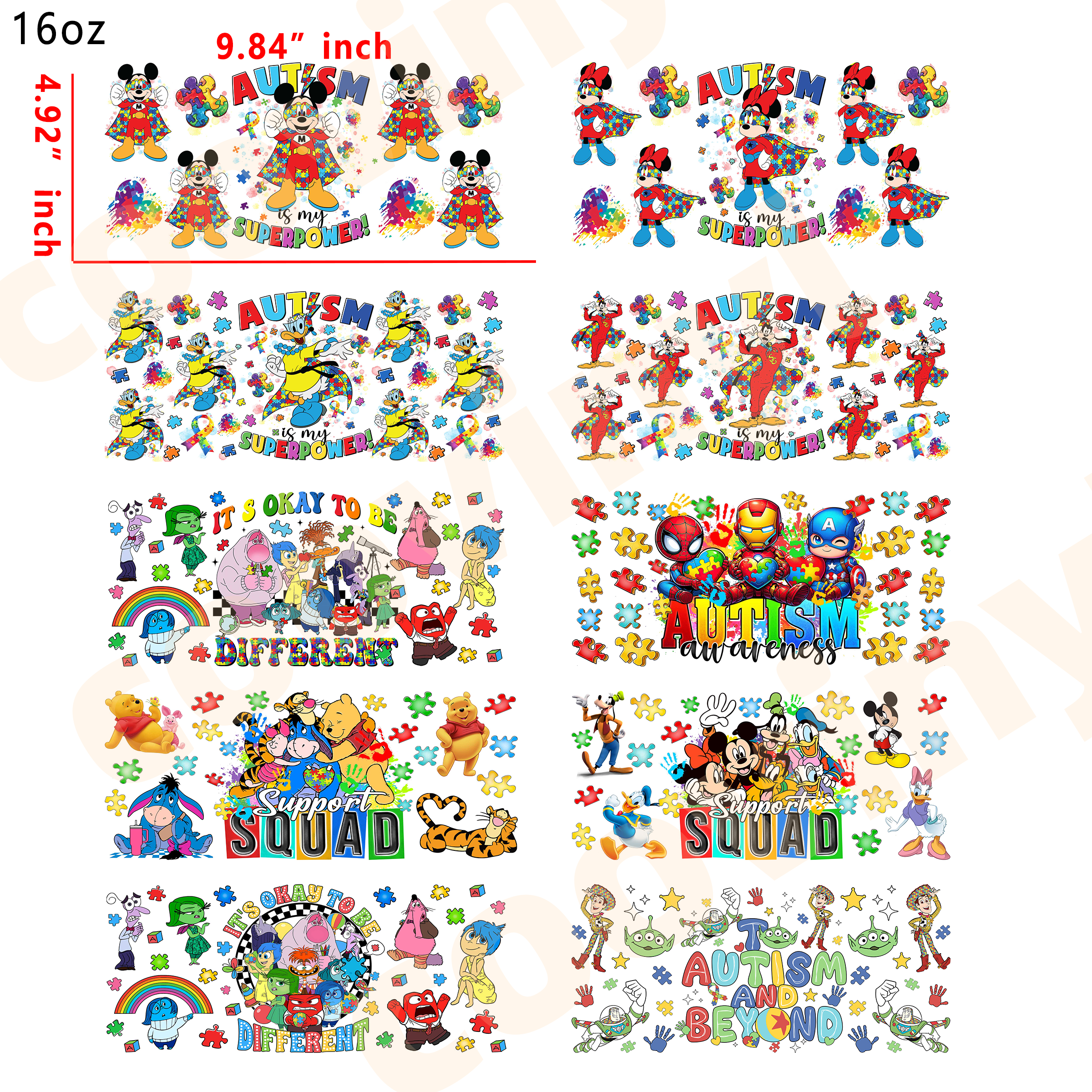 (T7)  10pcs disney autism 16OZ Tumbler Cup Wraps, Waterproof Fade-Resistant Decal Stickers, Vivid HD Print with Strong Adhesion, Customizable Transfers for Glass Cups, Mugs & Smooth Surfaces, DIY Art Craft Supplies