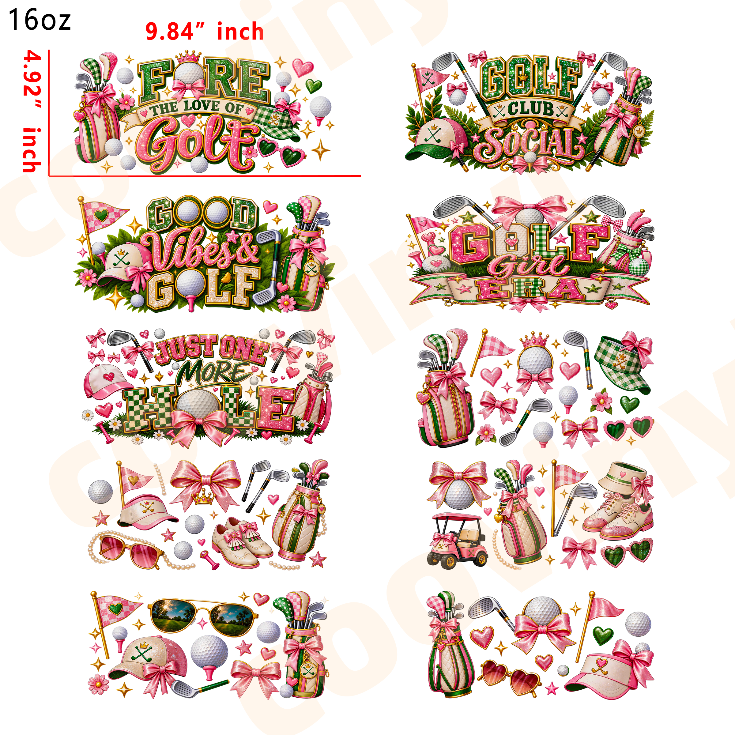 (T85)  10pcs golf 16OZ Tumbler Cup Wraps, Waterproof Fade-Resistant Decal Stickers, Vivid HD Print with Strong Adhesion, Customizable Transfers for Glass Cups, Mugs & Smooth Surfaces, DIY Art Craft Supplies