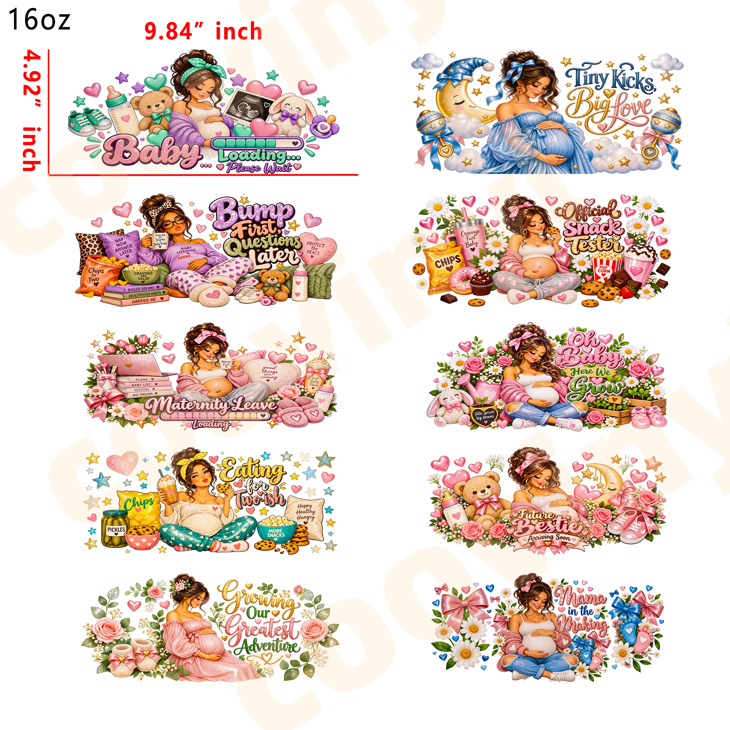 (T86)  10pcs pregnant mom 16OZ Tumbler Cup Wraps, Waterproof Fade-Resistant Decal Stickers, Vivid HD Print with Strong Adhesion, Customizable Transfers for Glass Cups, Mugs & Smooth Surfaces, DIY Art Craft Supplies