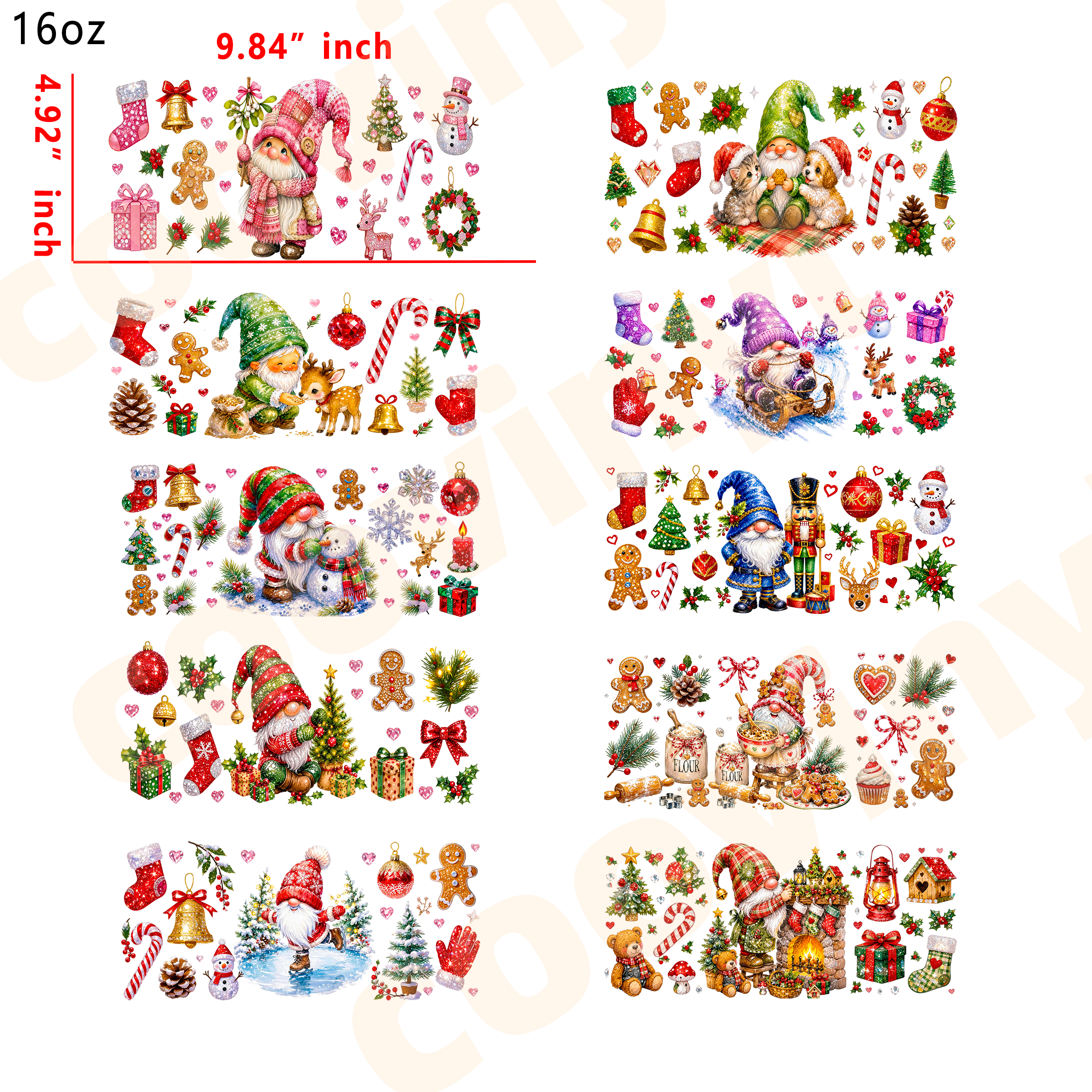 (T91)  10pcs Christmas gnome 16OZ Tumbler Cup Wraps, Waterproof Fade-Resistant Decal Stickers, Vivid HD Print with Strong Adhesion, Customizable Transfers for Glass Cups, Mugs & Smooth Surfaces, DIY Art Craft Supplies