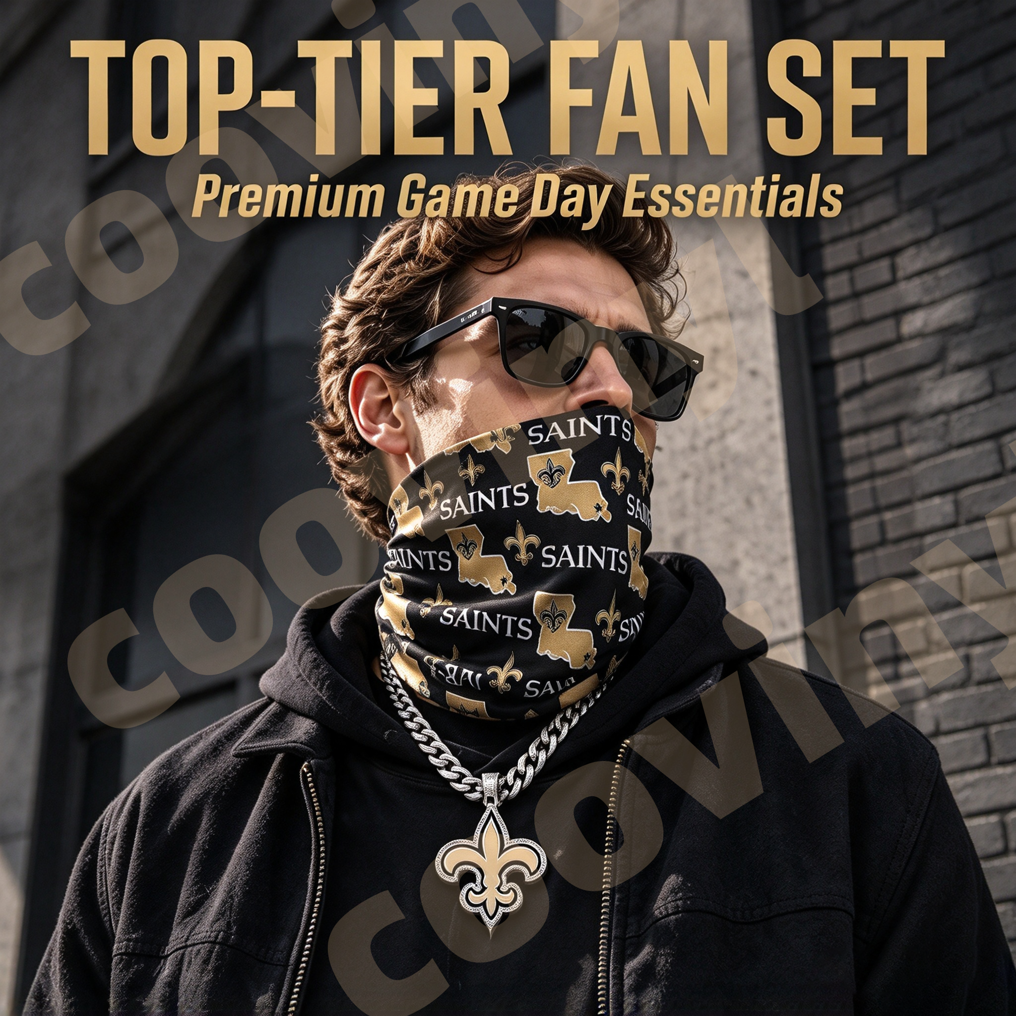 Saints sports Fan 4Pcs Gift Set | Polyester Bandana, Silver Iced Out Alloy Necklace, Zinc Alloy Bottle Opener Keychain & Pocket UV DTF Cup Wrap Crystal Sticker
