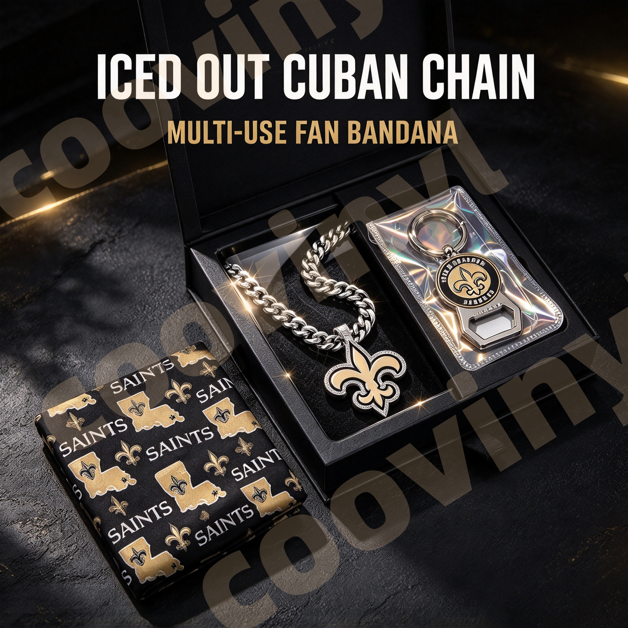 Saints sports Fan 4Pcs Gift Set | Polyester Bandana, Silver Iced Out Alloy Necklace, Zinc Alloy Bottle Opener Keychain & Pocket UV DTF Cup Wrap Crystal Sticker