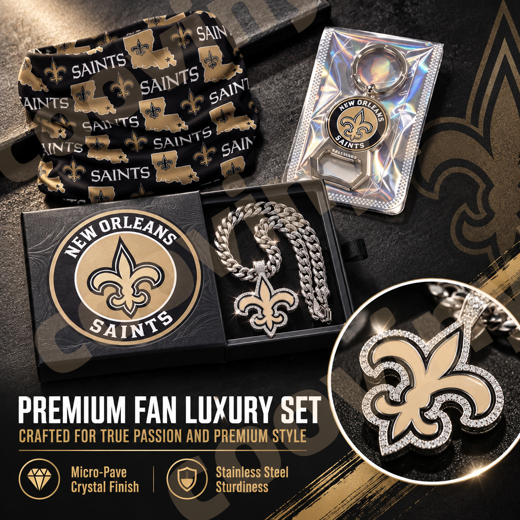 Saints sports Fan 4Pcs Gift Set | Polyester Bandana, Silver Iced Out Alloy Necklace, Zinc Alloy Bottle Opener Keychain & Pocket UV DTF Cup Wrap Crystal Sticker