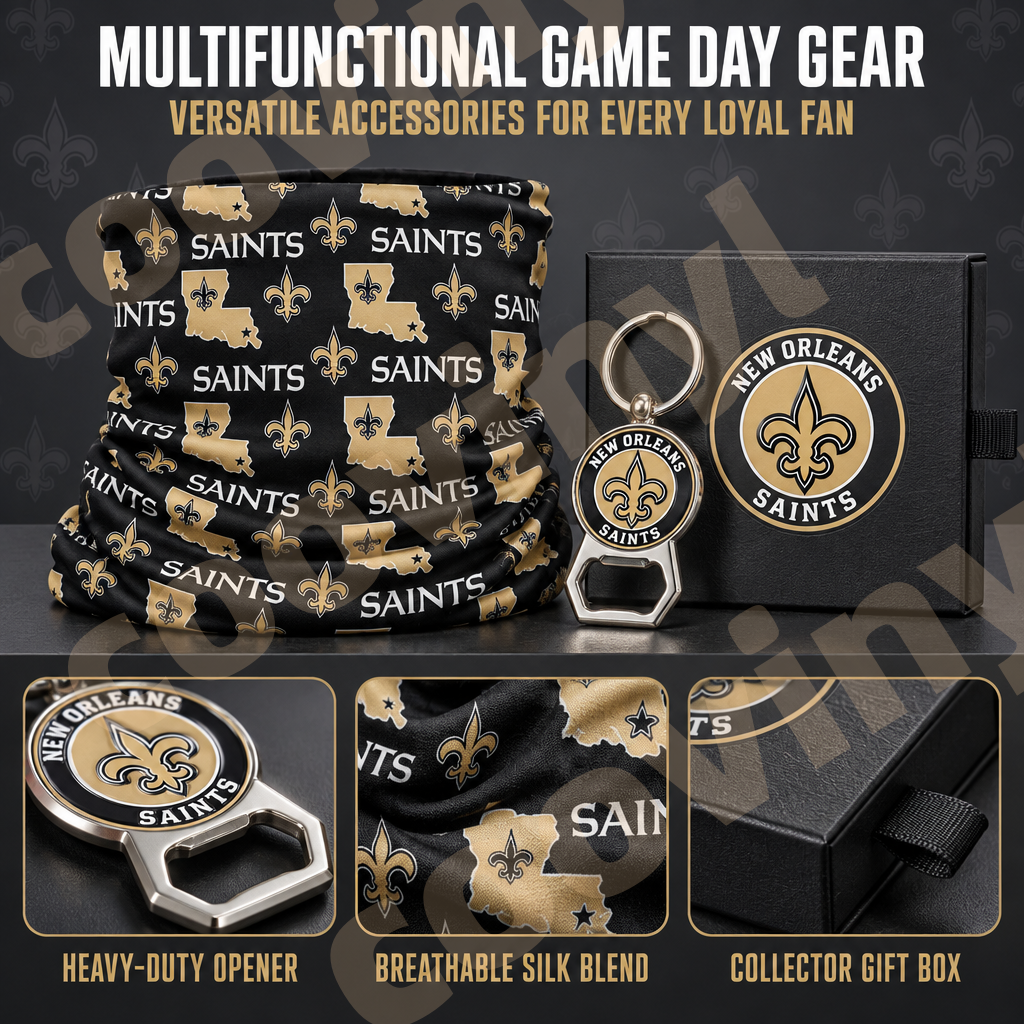 Saints sports Fan 4Pcs Gift Set | Polyester Bandana, Silver Iced Out Alloy Necklace, Zinc Alloy Bottle Opener Keychain & Pocket UV DTF Cup Wrap Crystal Sticker