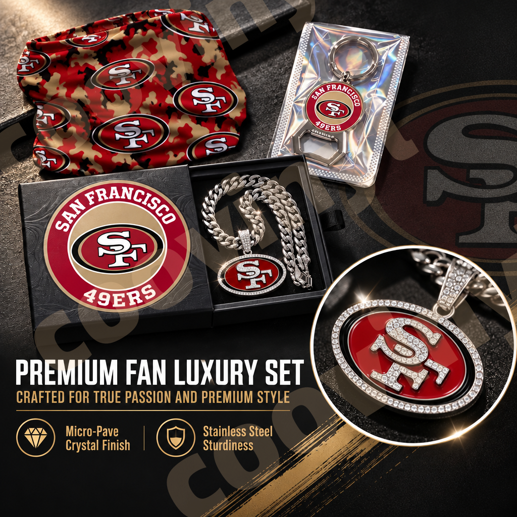49ers sports Fan 4Pcs Gift Set | Polyester Bandana, Silver Iced Out Alloy Necklace, Zinc Alloy Bottle Opener Keychain & Pocket UV DTF Cup Wrap Crystal Sticker