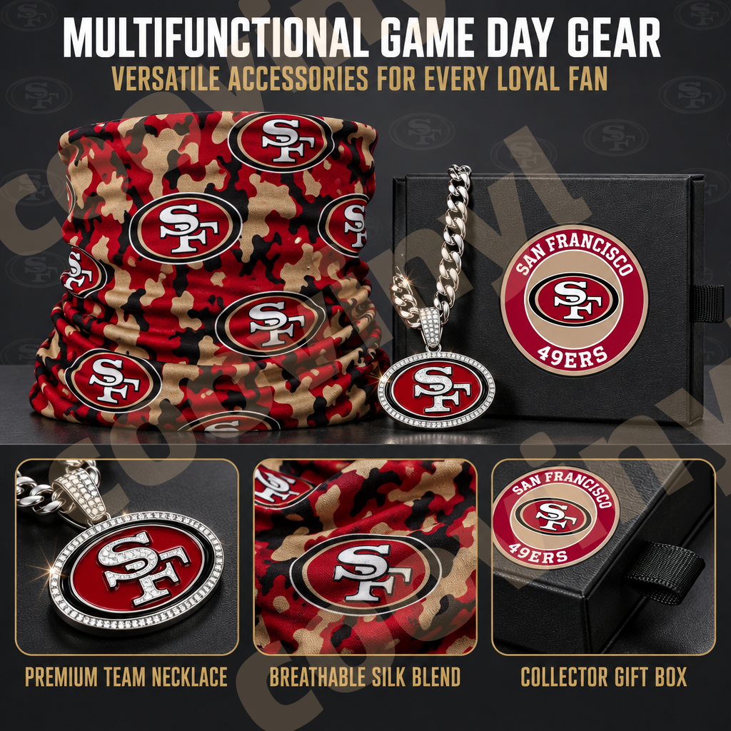 49ers sports Fan 4Pcs Gift Set | Polyester Bandana, Silver Iced Out Alloy Necklace, Zinc Alloy Bottle Opener Keychain & Pocket UV DTF Cup Wrap Crystal Sticker