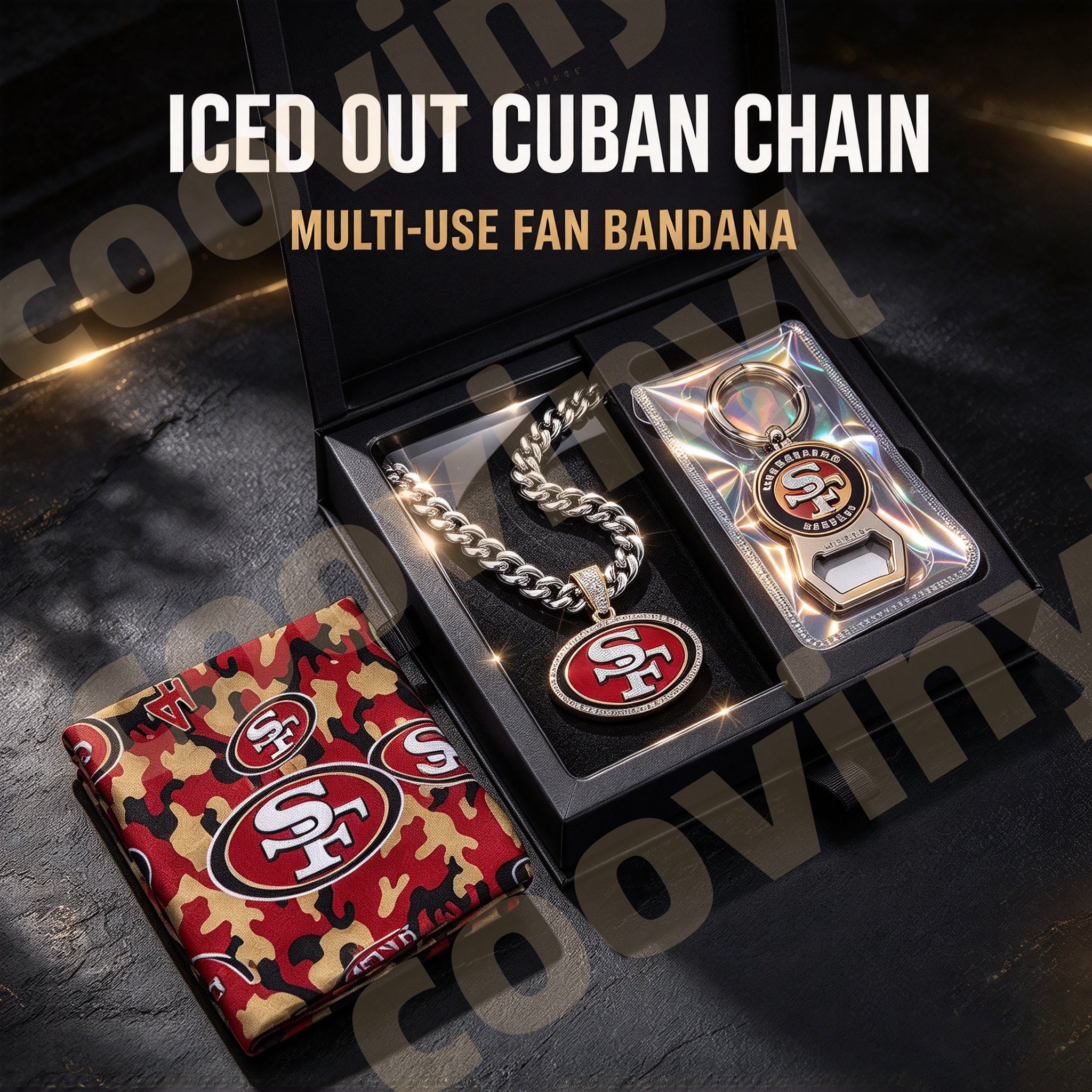 49ers sports Fan 4Pcs Gift Set | Polyester Bandana, Silver Iced Out Alloy Necklace, Zinc Alloy Bottle Opener Keychain & Pocket UV DTF Cup Wrap Crystal Sticker