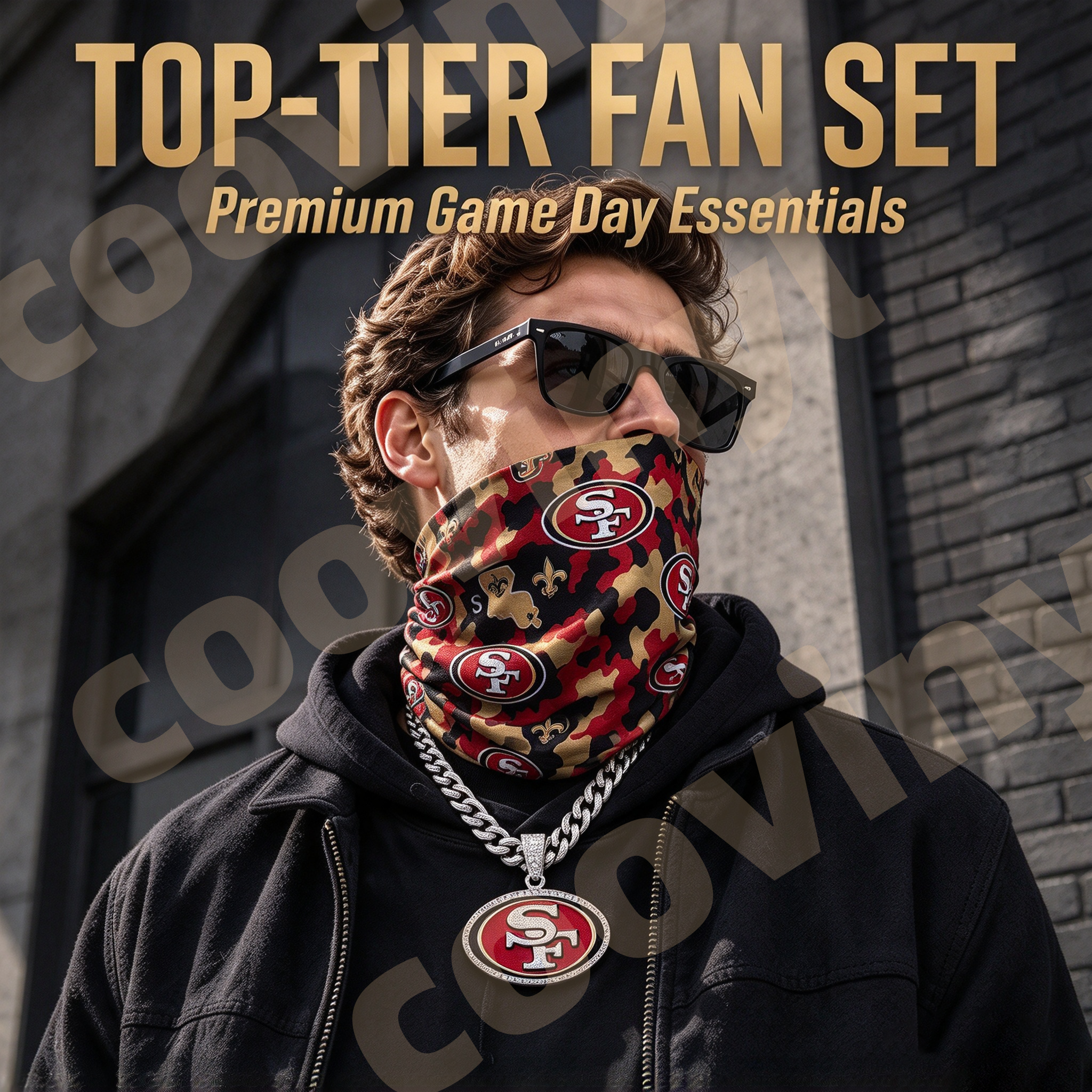 49ers sports Fan 4Pcs Gift Set | Polyester Bandana, Silver Iced Out Alloy Necklace, Zinc Alloy Bottle Opener Keychain & Pocket UV DTF Cup Wrap Crystal Sticker