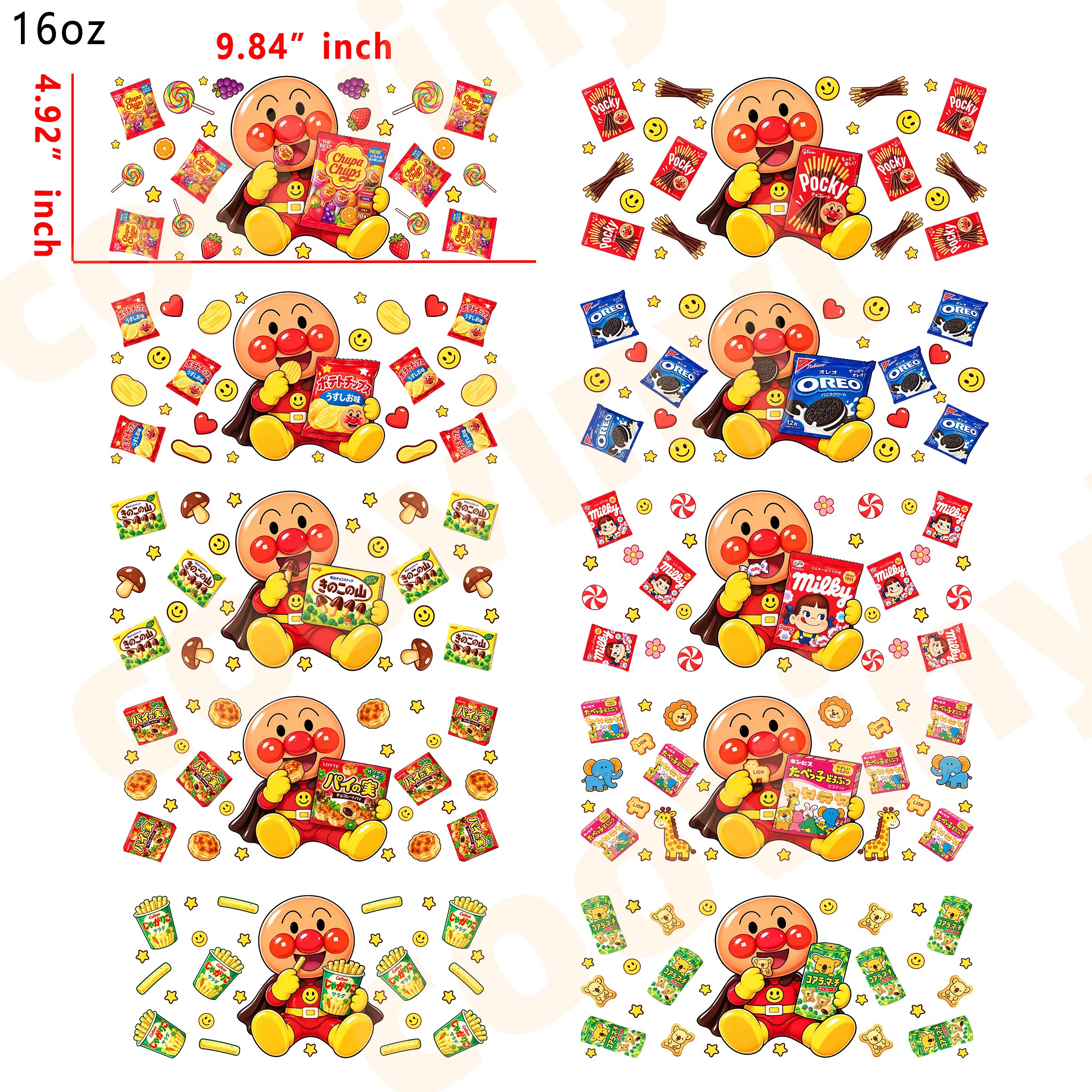 (T78)  10pcs Anpanman 16OZ Tumbler Cup Wraps, Waterproof Fade-Resistant Decal Stickers, Vivid HD Print with Strong Adhesion, Customizable Transfers for Glass Cups, Mugs & Smooth Surfaces, DIY Art Craft Supplies
