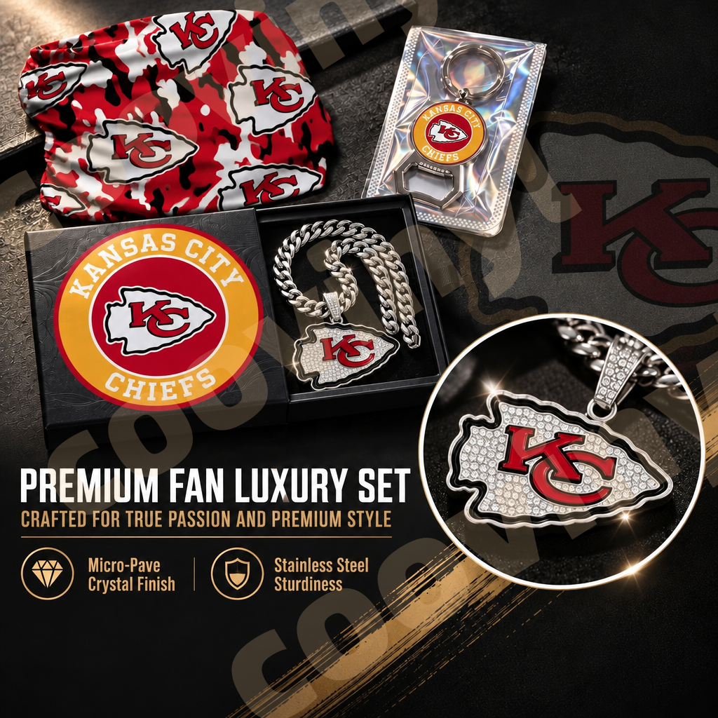 chiefs sports Fan 4Pcs Gift Set | Polyester Bandana, Silver Iced Out Alloy Necklace, Zinc Alloy Bottle Opener Keychain & Pocket UV DTF Cup Wrap Crystal Sticker