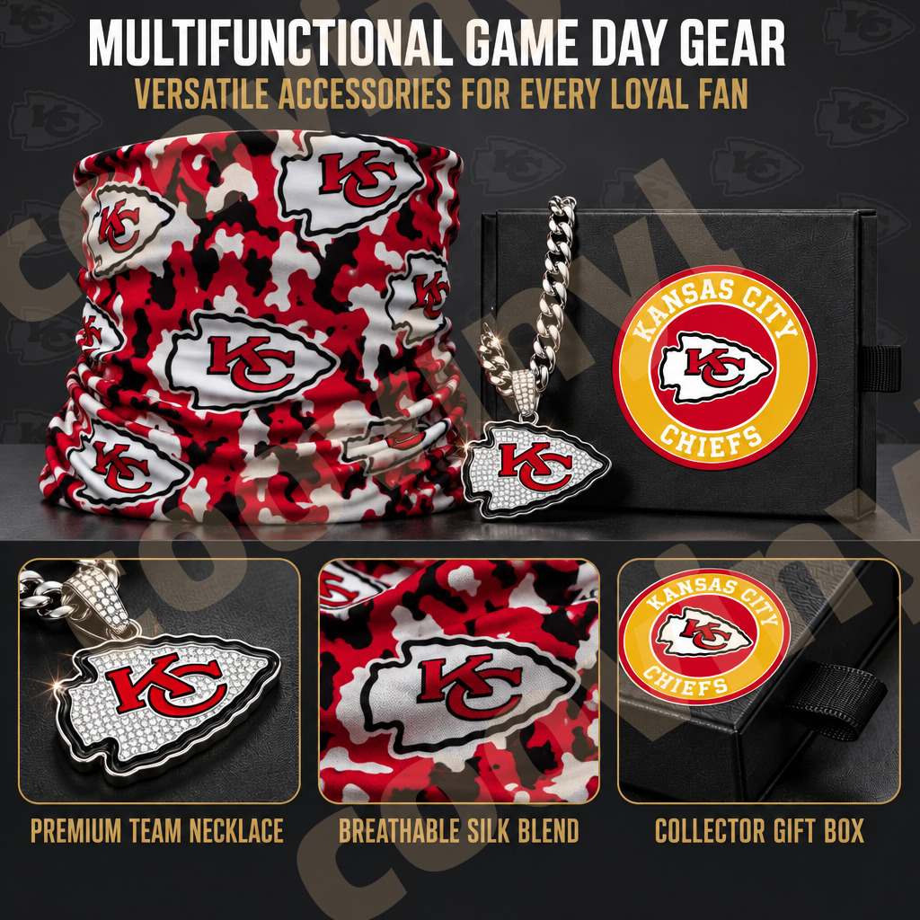 chiefs sports Fan 4Pcs Gift Set | Polyester Bandana, Silver Iced Out Alloy Necklace, Zinc Alloy Bottle Opener Keychain & Pocket UV DTF Cup Wrap Crystal Sticker