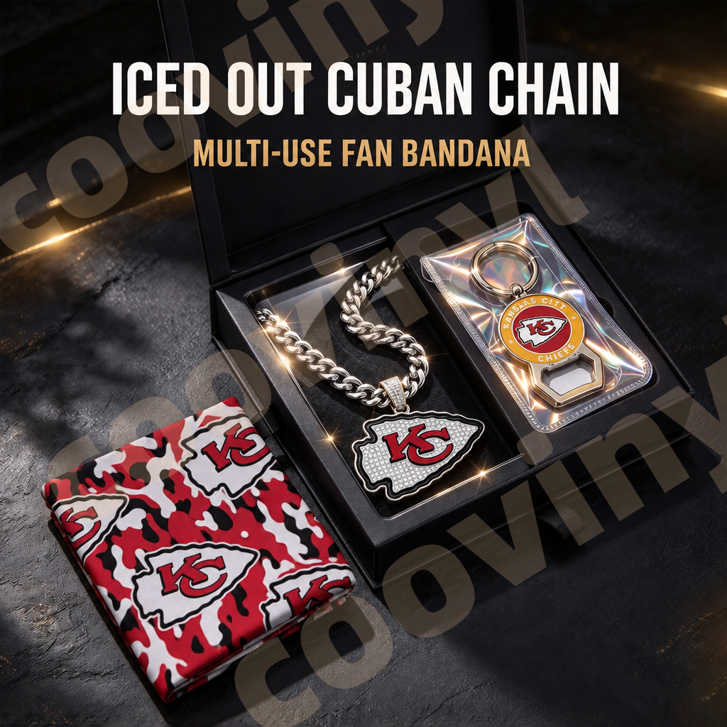 chiefs sports Fan 4Pcs Gift Set | Polyester Bandana, Silver Iced Out Alloy Necklace, Zinc Alloy Bottle Opener Keychain & Pocket UV DTF Cup Wrap Crystal Sticker