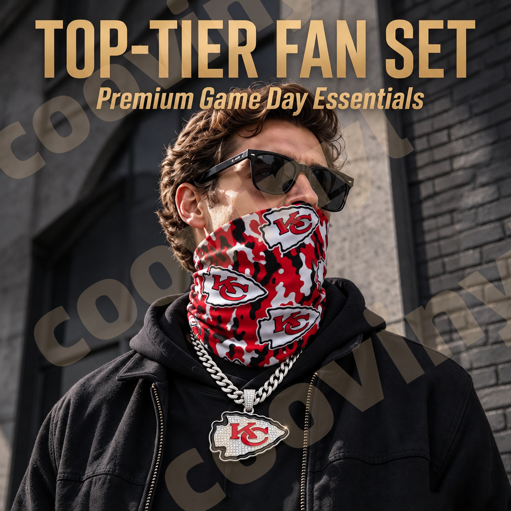 chiefs sports Fan 4Pcs Gift Set | Polyester Bandana, Silver Iced Out Alloy Necklace, Zinc Alloy Bottle Opener Keychain & Pocket UV DTF Cup Wrap Crystal Sticker