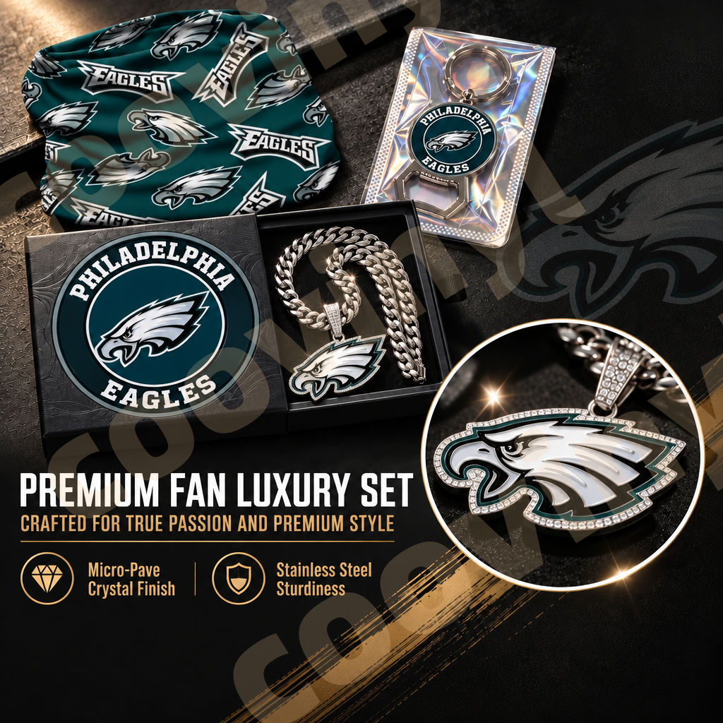 eagles sports Fan 4Pcs Gift Set | Polyester Bandana, Silver Iced Out Alloy Necklace, Zinc Alloy Bottle Opener Keychain & Pocket UV DTF Cup Wrap Crystal Sticker