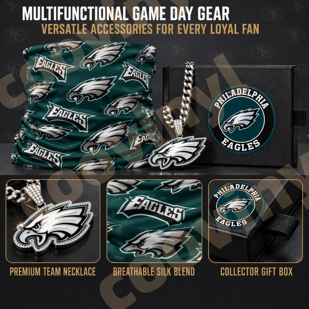 eagles sports Fan 4Pcs Gift Set | Polyester Bandana, Silver Iced Out Alloy Necklace, Zinc Alloy Bottle Opener Keychain & Pocket UV DTF Cup Wrap Crystal Sticker