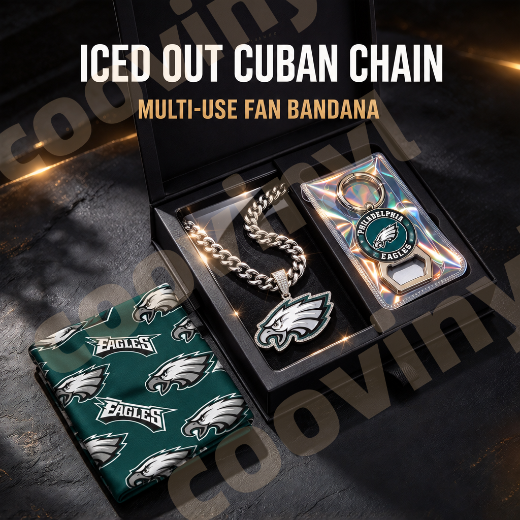 eagles sports Fan 4Pcs Gift Set | Polyester Bandana, Silver Iced Out Alloy Necklace, Zinc Alloy Bottle Opener Keychain & Pocket UV DTF Cup Wrap Crystal Sticker
