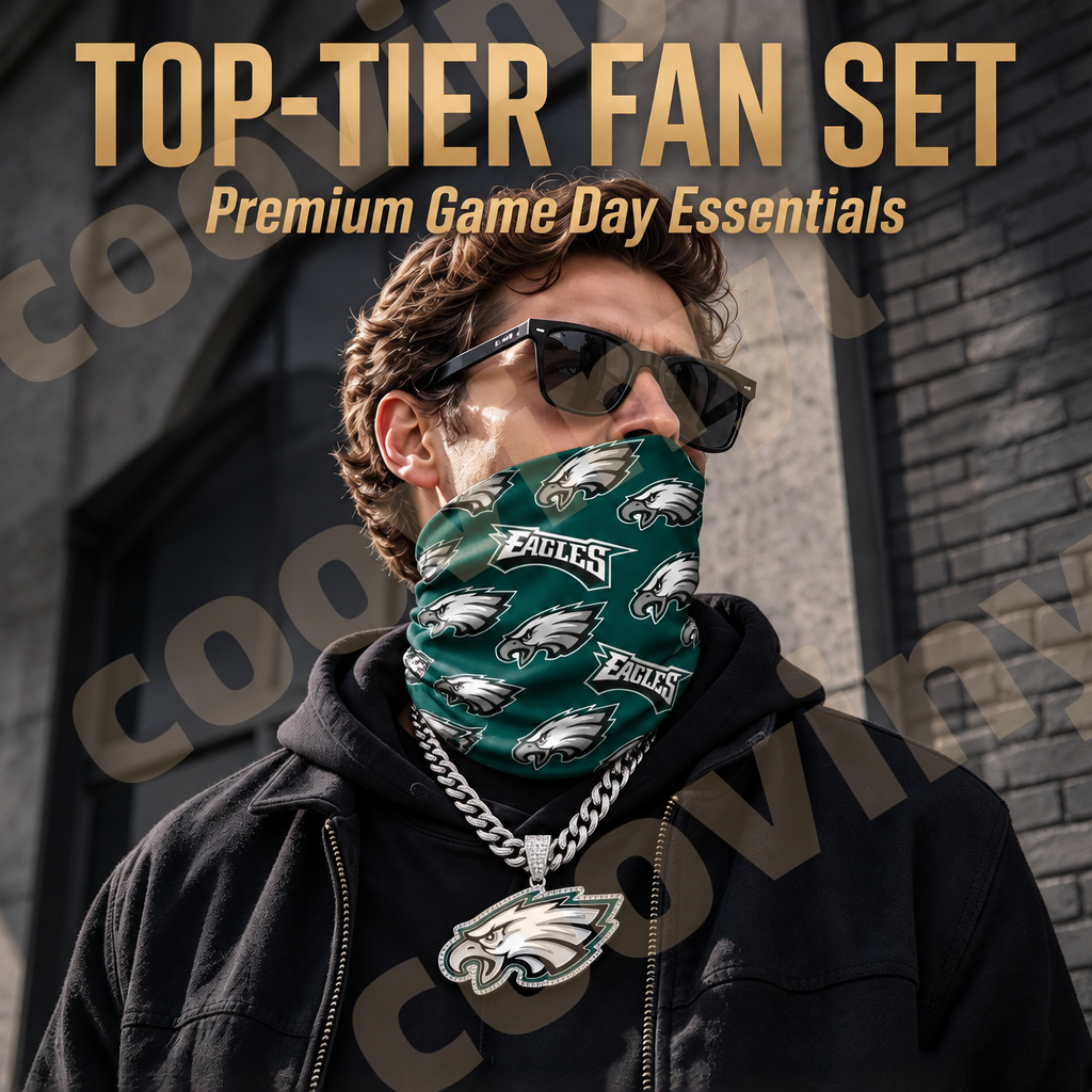 eagles sports Fan 4Pcs Gift Set | Polyester Bandana, Silver Iced Out Alloy Necklace, Zinc Alloy Bottle Opener Keychain & Pocket UV DTF Cup Wrap Crystal Sticker