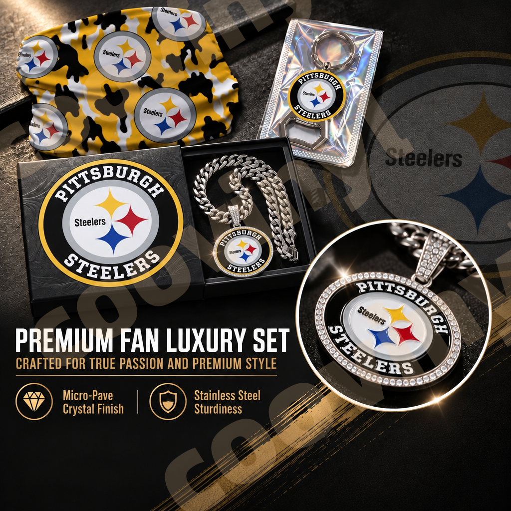 steelers sports Fan 4Pcs Gift Set | Polyester Bandana, Silver Iced Out Alloy Necklace, Zinc Alloy Bottle Opener Keychain & Pocket UV DTF Cup Wrap Crystal Sticker