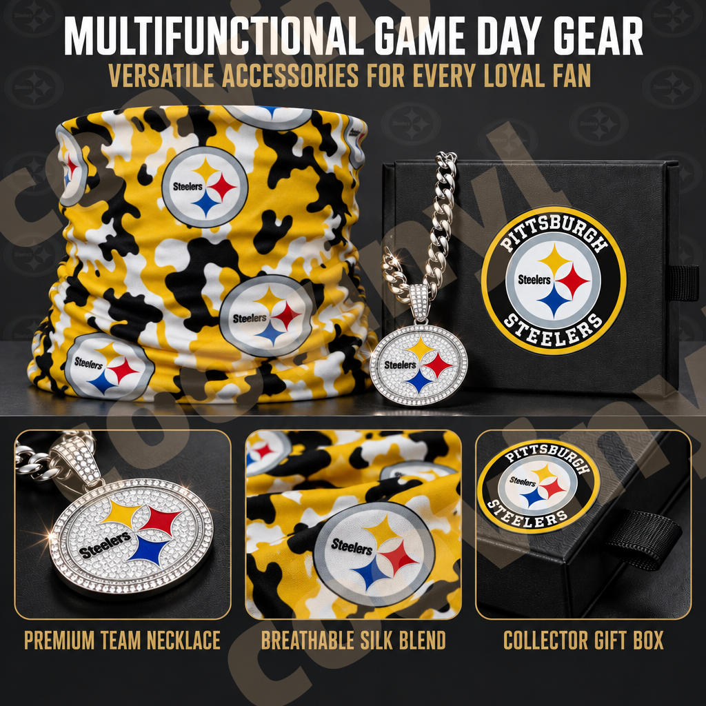steelers sports Fan 4Pcs Gift Set | Polyester Bandana, Silver Iced Out Alloy Necklace, Zinc Alloy Bottle Opener Keychain & Pocket UV DTF Cup Wrap Crystal Sticker