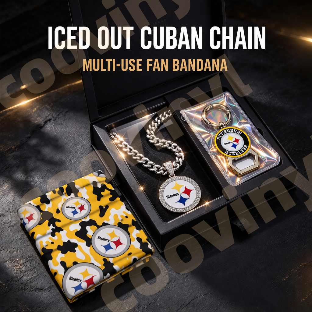 steelers sports Fan 4Pcs Gift Set | Polyester Bandana, Silver Iced Out Alloy Necklace, Zinc Alloy Bottle Opener Keychain & Pocket UV DTF Cup Wrap Crystal Sticker