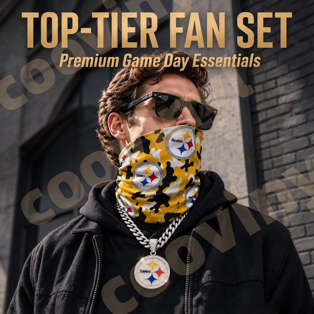 steelers sports Fan 4Pcs Gift Set | Polyester Bandana, Silver Iced Out Alloy Necklace, Zinc Alloy Bottle Opener Keychain & Pocket UV DTF Cup Wrap Crystal Sticker