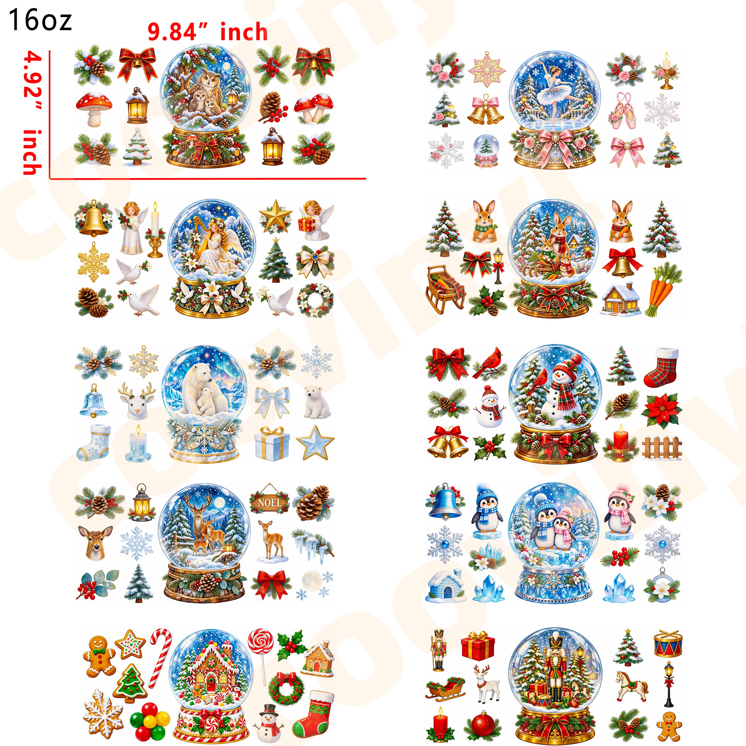 (E1) Christmas snow globe  10pcs Christmas bear 16OZ Tumbler Cup Wraps, Waterproof Fade-Resistant Decal Stickers, Vivid HD Print with Strong Adhesion, Customizable Transfers for Glass Cups, Mugs & Smooth Surfaces, DIY Art Craft Supplies