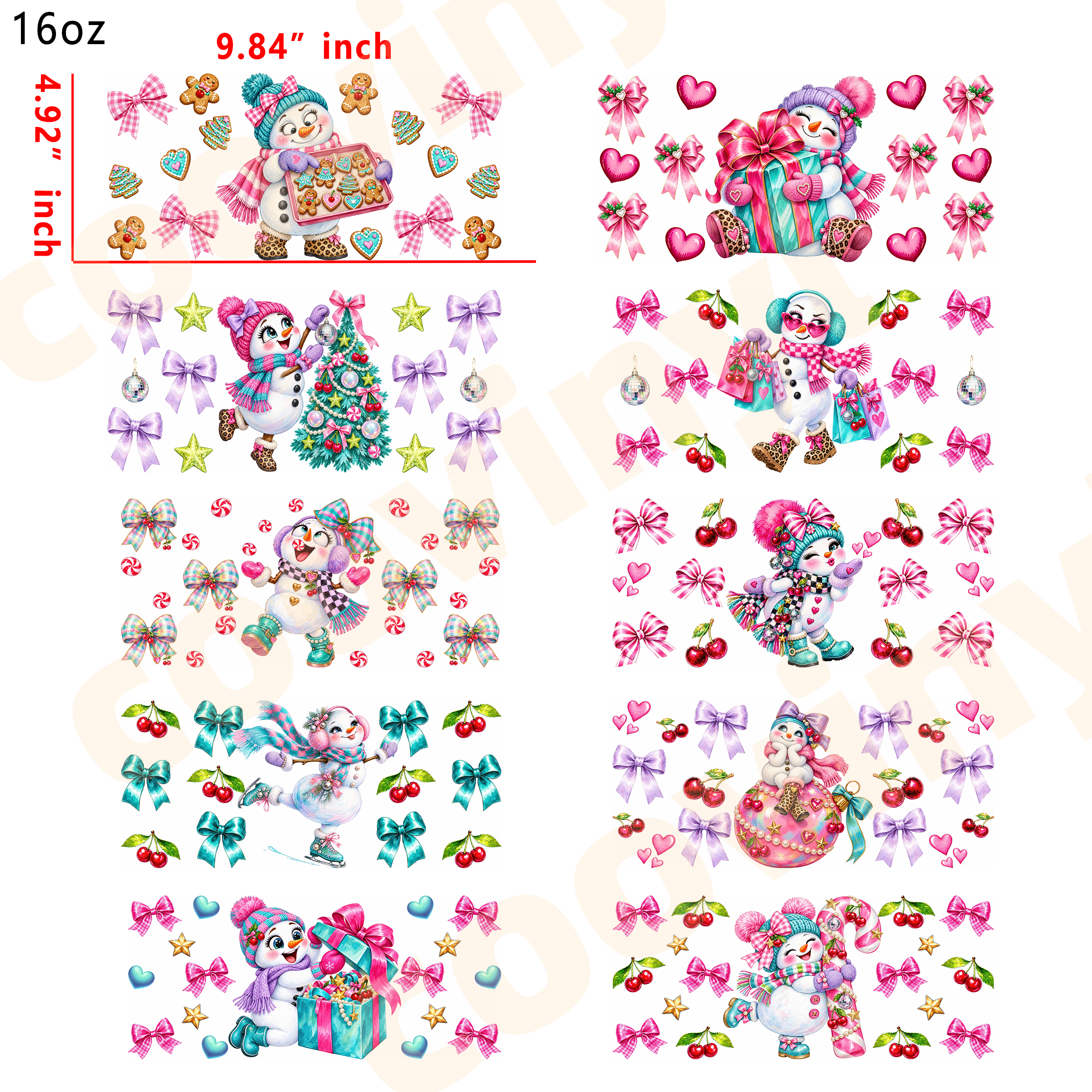 (E3) snowman  10pcs Christmas bear 16OZ Tumbler Cup Wraps, Waterproof Fade-Resistant Decal Stickers, Vivid HD Print with Strong Adhesion, Customizable Transfers for Glass Cups, Mugs & Smooth Surfaces, DIY Art Craft Supplies
