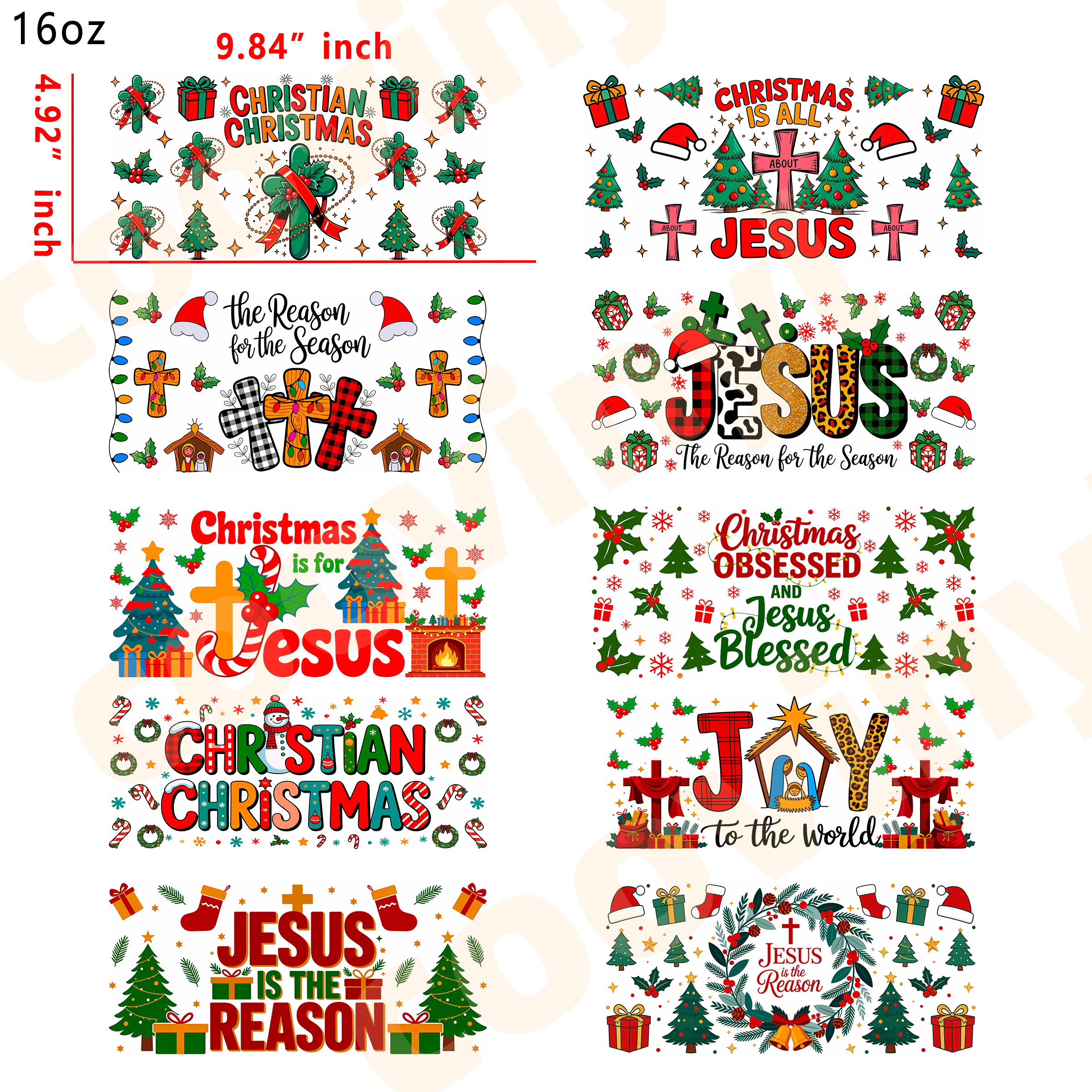 (E10) Christian Christmas 10pcs  16OZ Tumbler Cup Wraps, Waterproof Fade-Resistant Decal Stickers, Vivid HD Print with Strong Adhesion, Customizable Transfers for Glass Cups, Mugs & Smooth Surfaces, DIY Art Craft Supplies