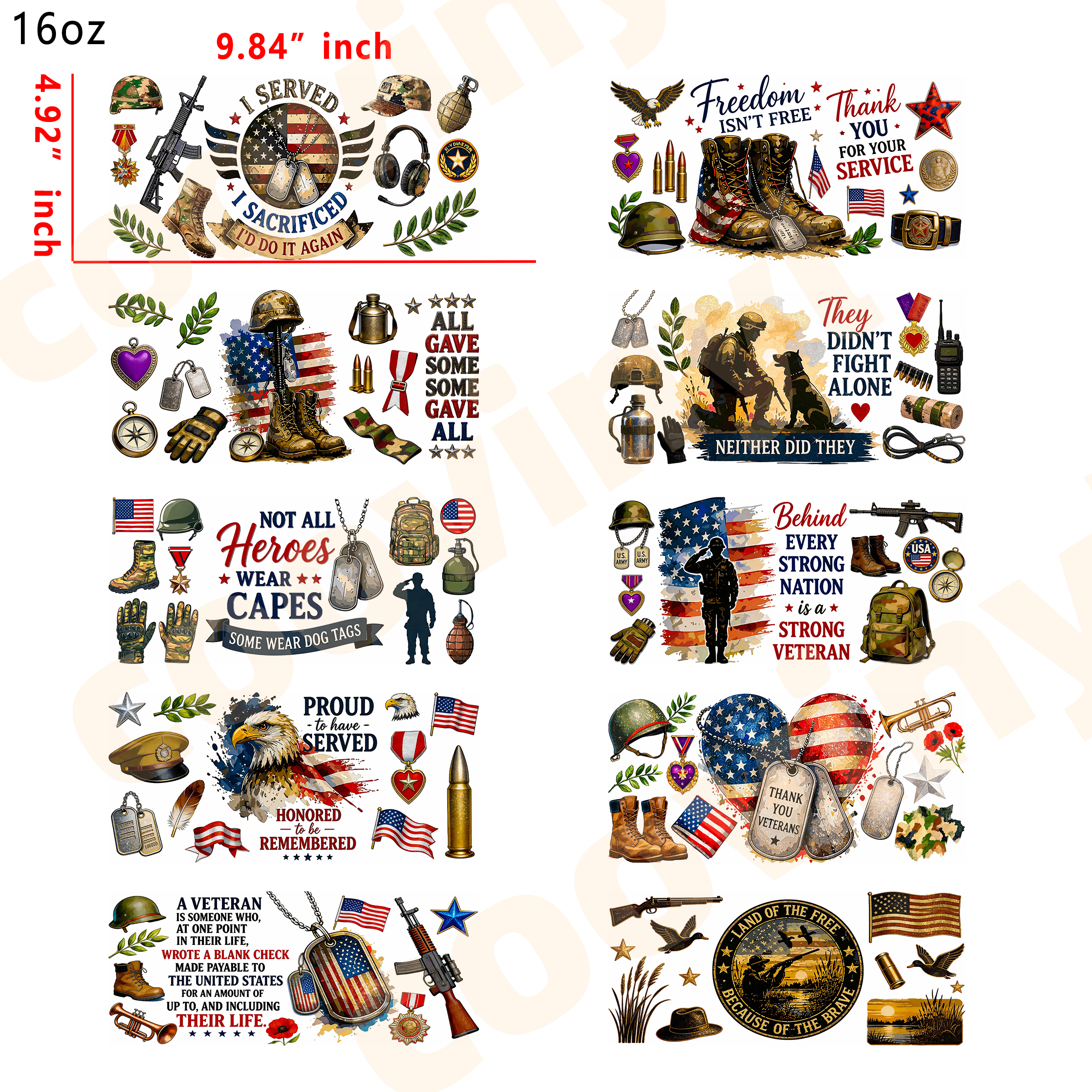 (E12) veteran 10pcs  16OZ Tumbler Cup Wraps, Waterproof Fade-Resistant Decal Stickers, Vivid HD Print with Strong Adhesion, Customizable Transfers for Glass Cups, Mugs & Smooth Surfaces, DIY Art Craft Supplies