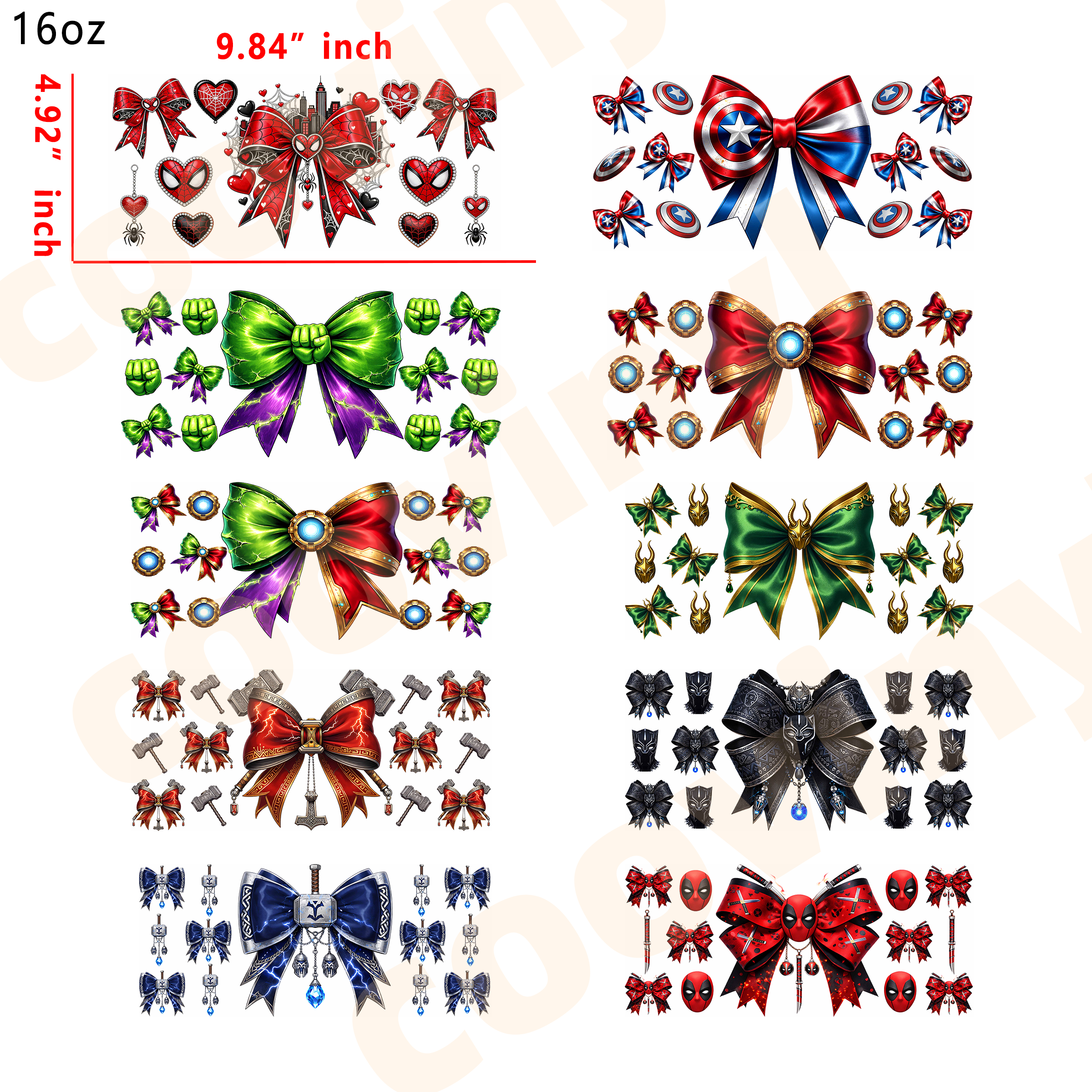 (E14) marvel bow 10pcs  16OZ Tumbler Cup Wraps, Waterproof Fade-Resistant Decal Stickers, Vivid HD Print with Strong Adhesion, Customizable Transfers for Glass Cups, Mugs & Smooth Surfaces, DIY Art Craft Supplies