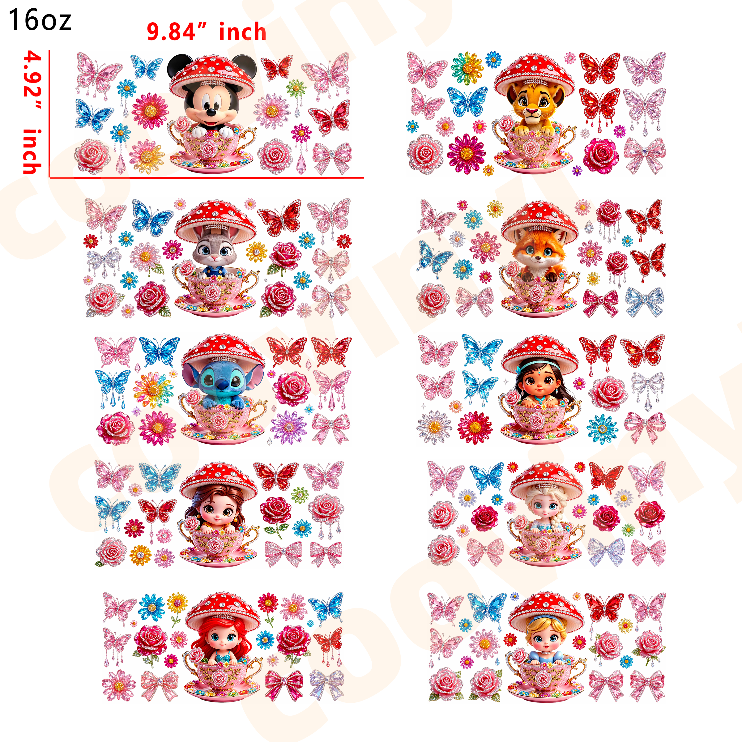 (E16) disney teacup 10pcs  16OZ Tumbler Cup Wraps, Waterproof Fade-Resistant Decal Stickers, Vivid HD Print with Strong Adhesion, Customizable Transfers for Glass Cups, Mugs & Smooth Surfaces, DIY Art Craft Supplies
