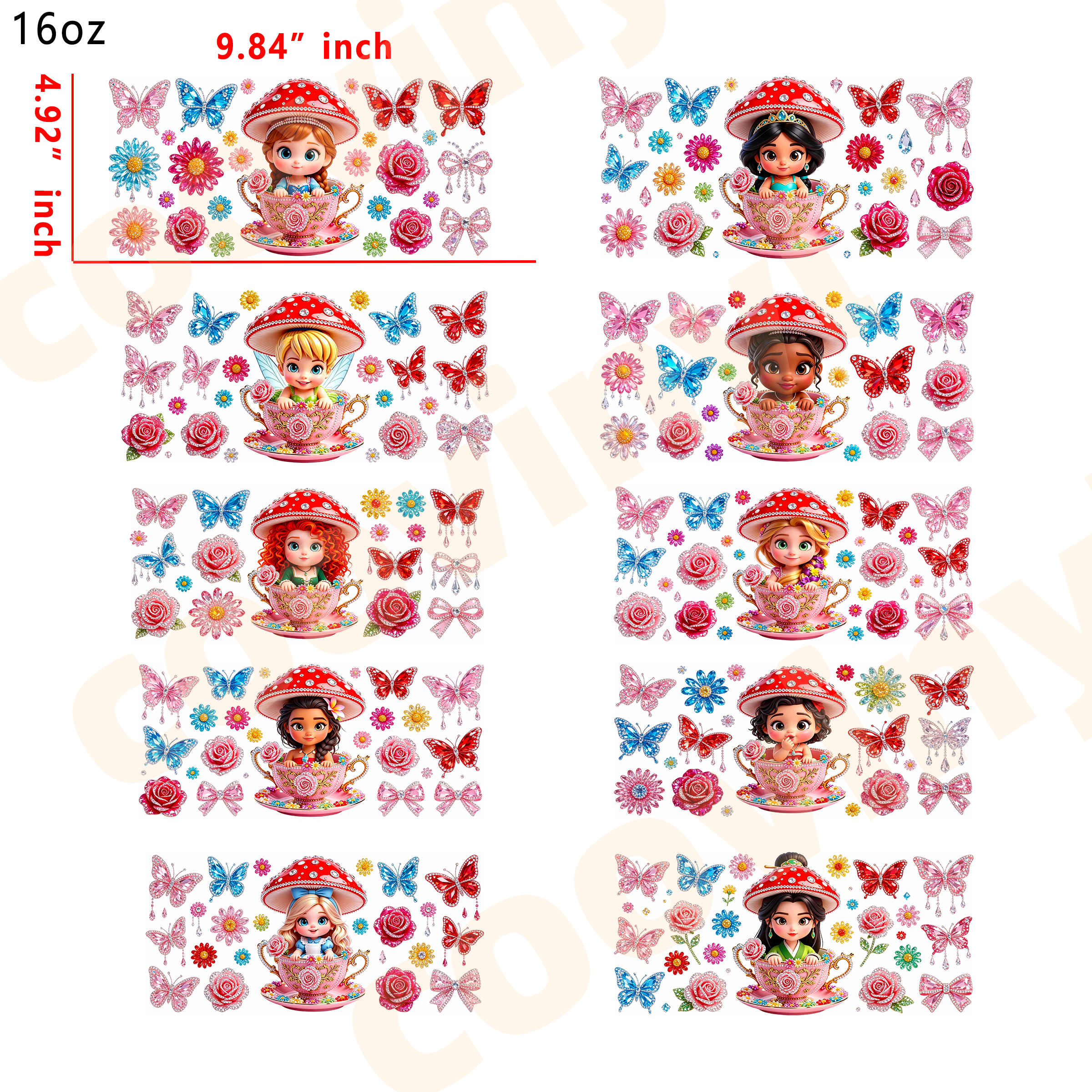 (E16) disney teacup 10pcs  16OZ Tumbler Cup Wraps, Waterproof Fade-Resistant Decal Stickers, Vivid HD Print with Strong Adhesion, Customizable Transfers for Glass Cups, Mugs & Smooth Surfaces, DIY Art Craft Supplies