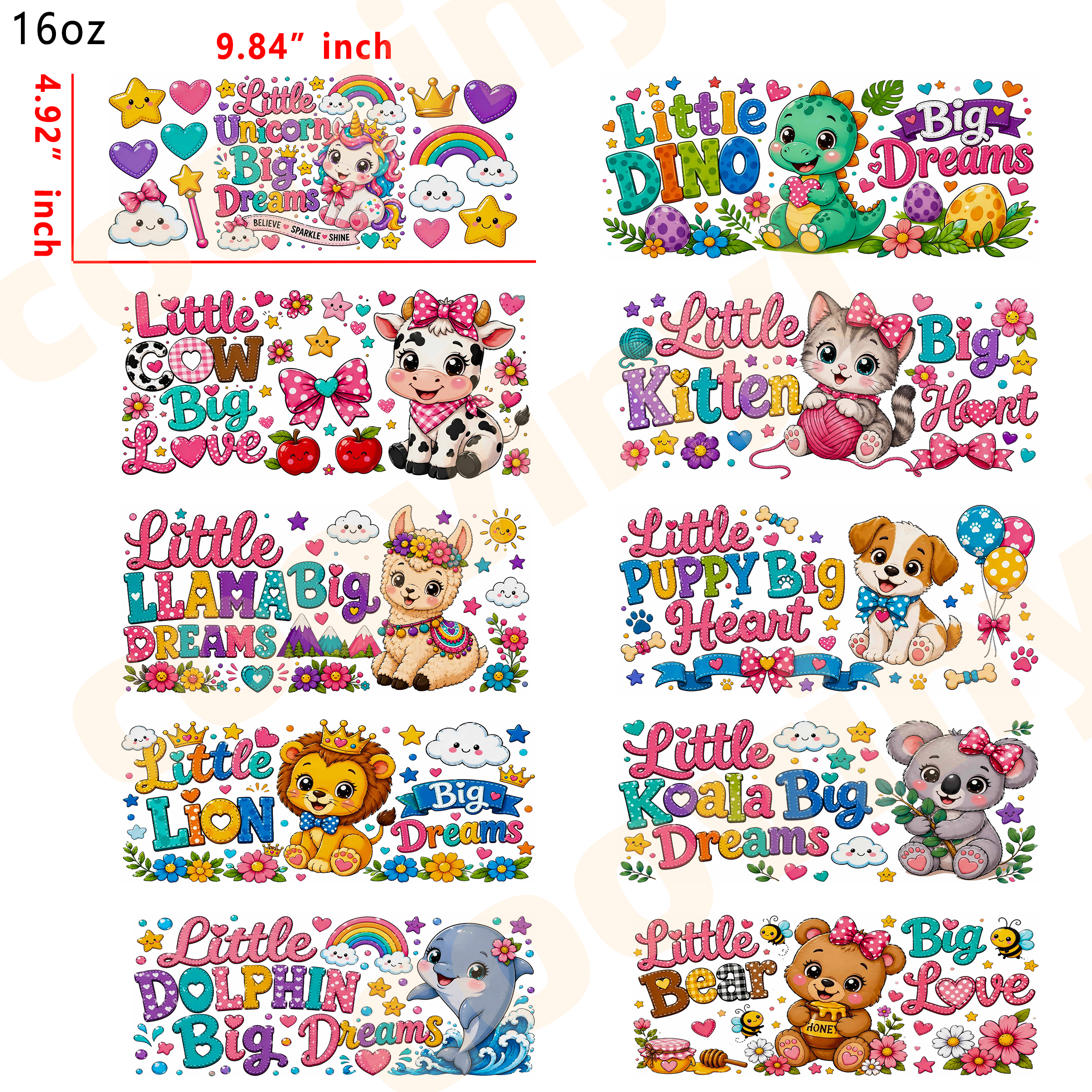 (E18) little animal 10pcs  16OZ Tumbler Cup Wraps, Waterproof Fade-Resistant Decal Stickers, Vivid HD Print with Strong Adhesion, Customizable Transfers for Glass Cups, Mugs & Smooth Surfaces, DIY Art Craft Supplies