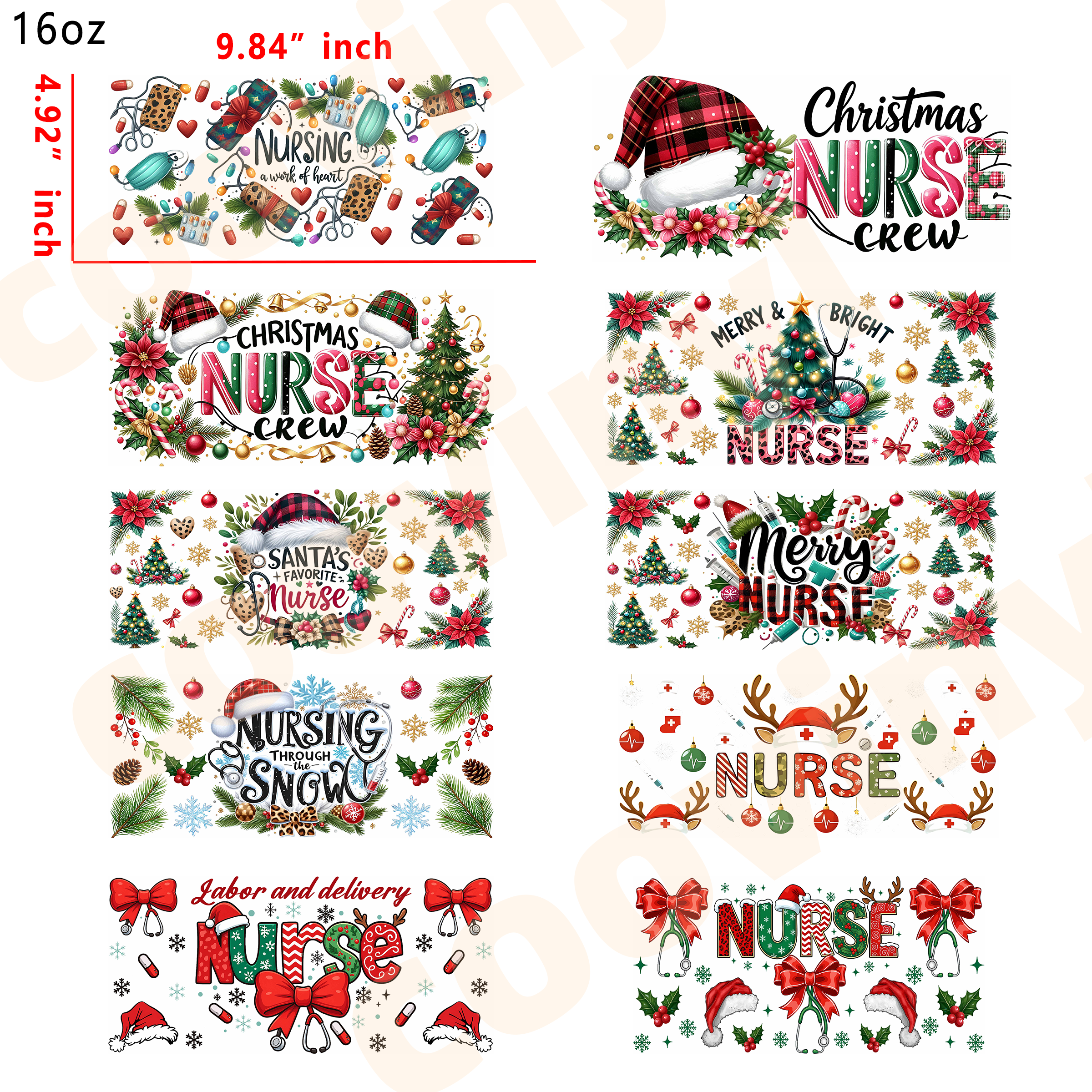 (E21) Christmas nurse 10pcs  16OZ Tumbler Cup Wraps, Waterproof Fade-Resistant Decal Stickers, Vivid HD Print with Strong Adhesion, Customizable Transfers for Glass Cups, Mugs & Smooth Surfaces, DIY Art Craft Supplies