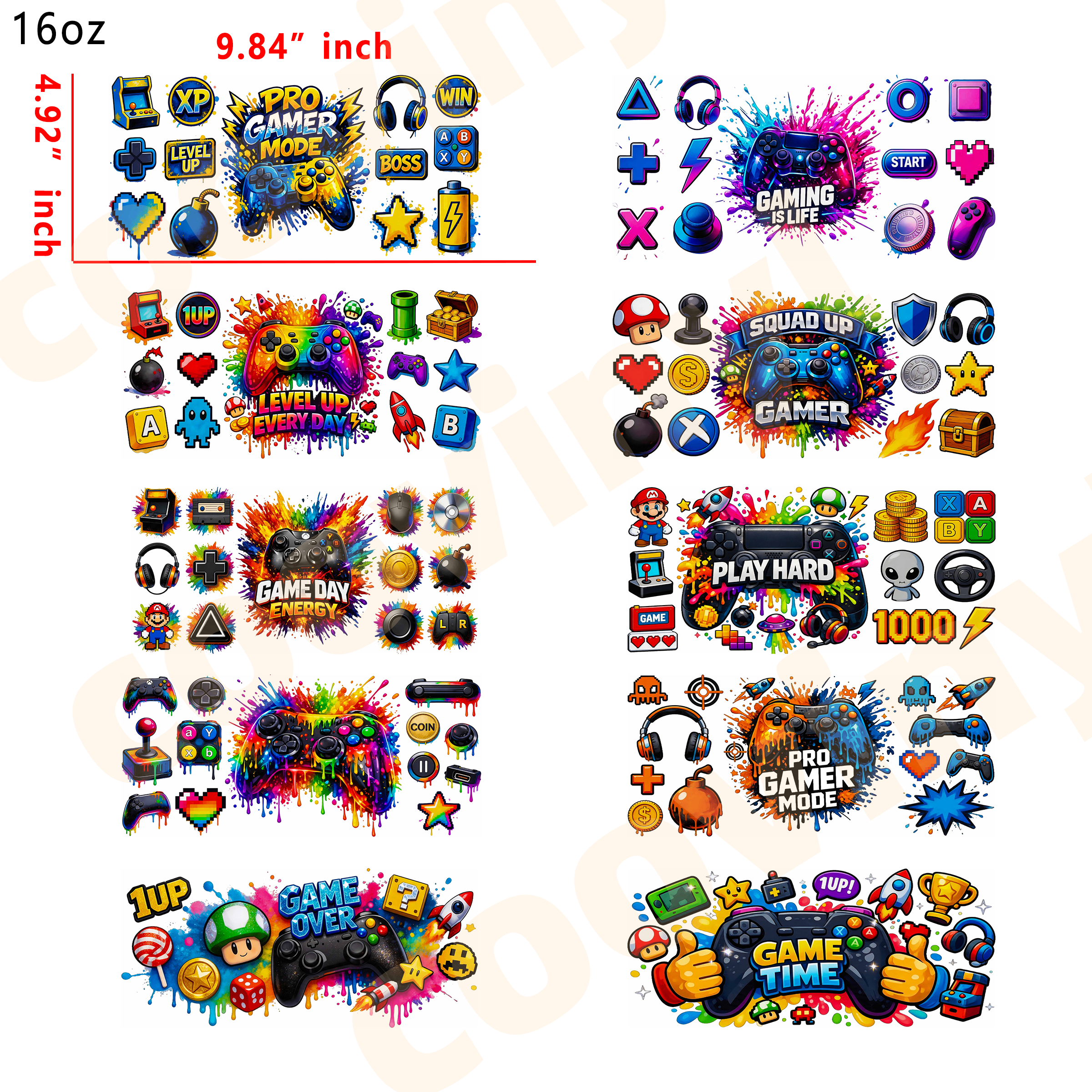 (E23) gamer 10pcs  16OZ Tumbler Cup Wraps, Waterproof Fade-Resistant Decal Stickers, Vivid HD Print with Strong Adhesion, Customizable Transfers for Glass Cups, Mugs & Smooth Surfaces, DIY Art Craft Supplies