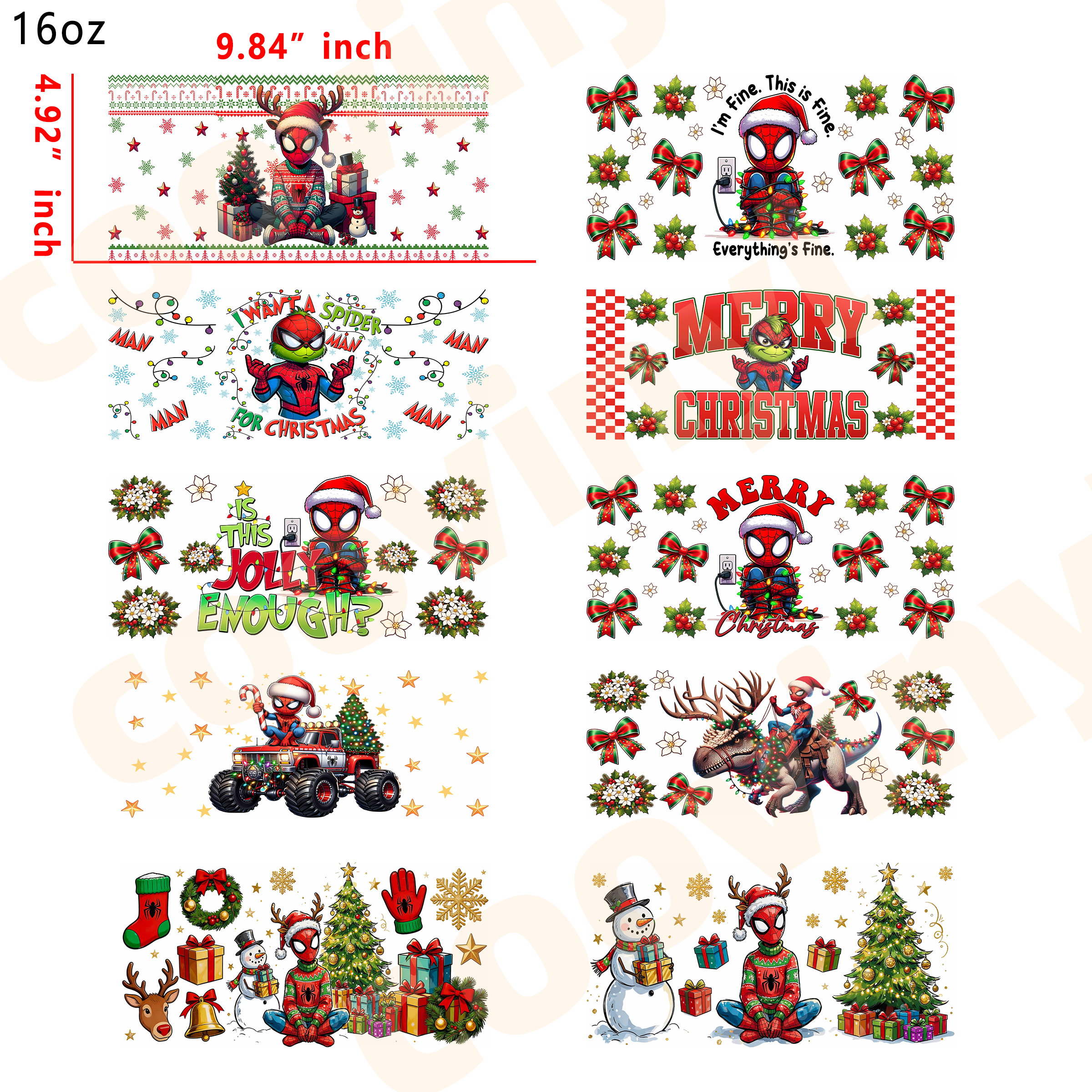 (E24) Christmas Spider-man 10pcs  16OZ Tumbler Cup Wraps, Waterproof Fade-Resistant Decal Stickers, Vivid HD Print with Strong Adhesion, Customizable Transfers for Glass Cups, Mugs & Smooth Surfaces, DIY Art Craft Supplies