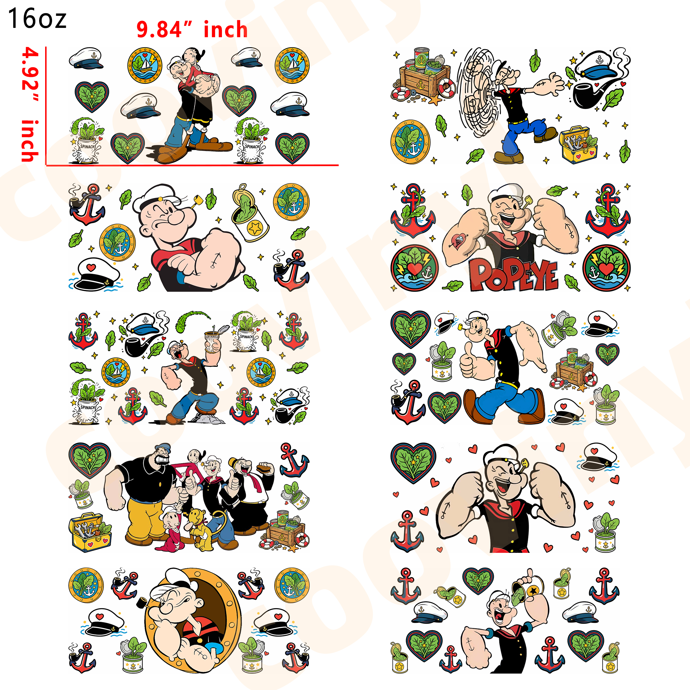 (E28) Popeye the Sailor Man  10pcs  16OZ Tumbler Cup Wraps, Waterproof Fade-Resistant Decal Stickers, Vivid HD Print with Strong Adhesion, Customizable Transfers for Glass Cups, Mugs & Smooth Surfaces, DIY Art Craft Supplies