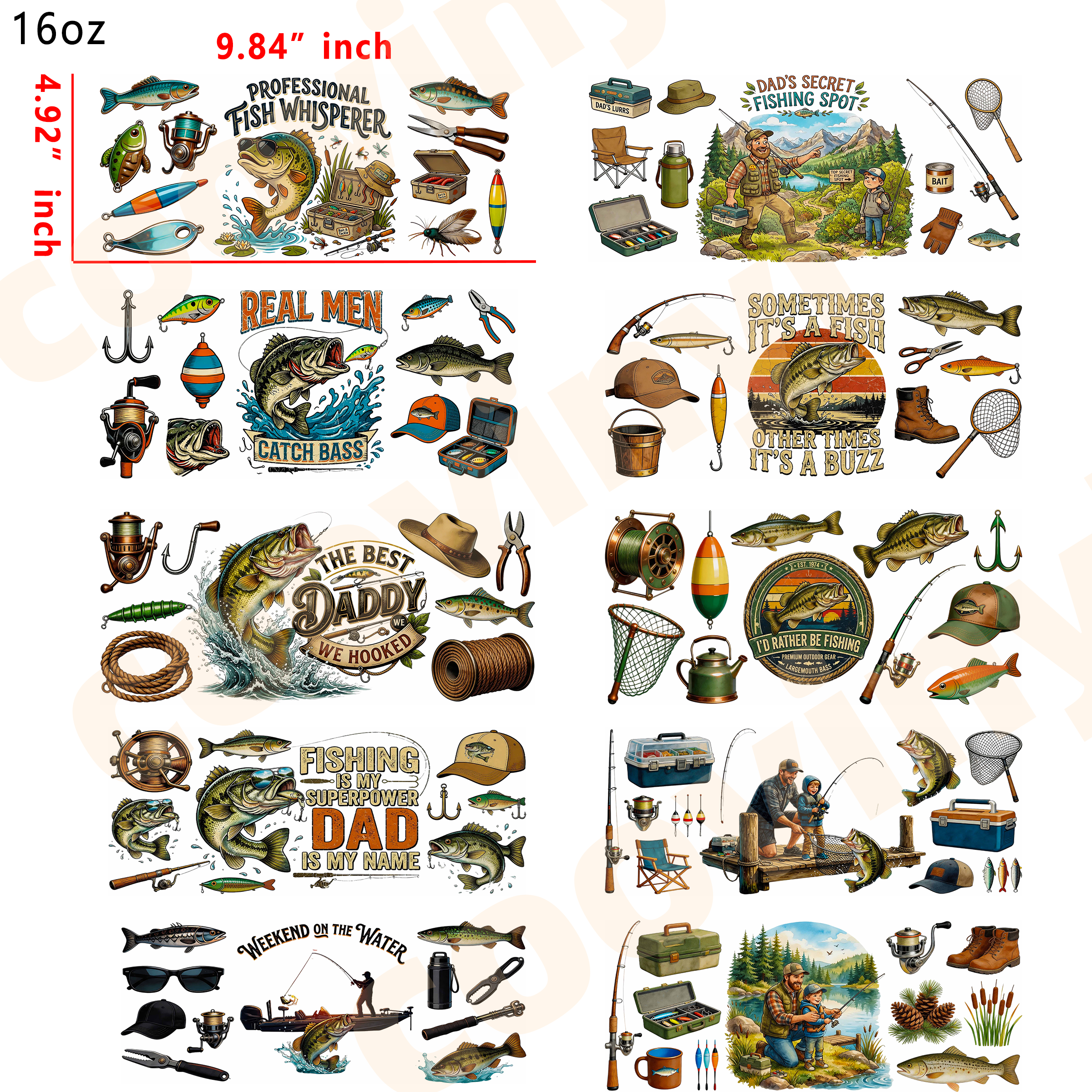 (E29) fishing dad  10pcs  16OZ Tumbler Cup Wraps, Waterproof Fade-Resistant Decal Stickers, Vivid HD Print with Strong Adhesion, Customizable Transfers for Glass Cups, Mugs & Smooth Surfaces, DIY Art Craft Supplies