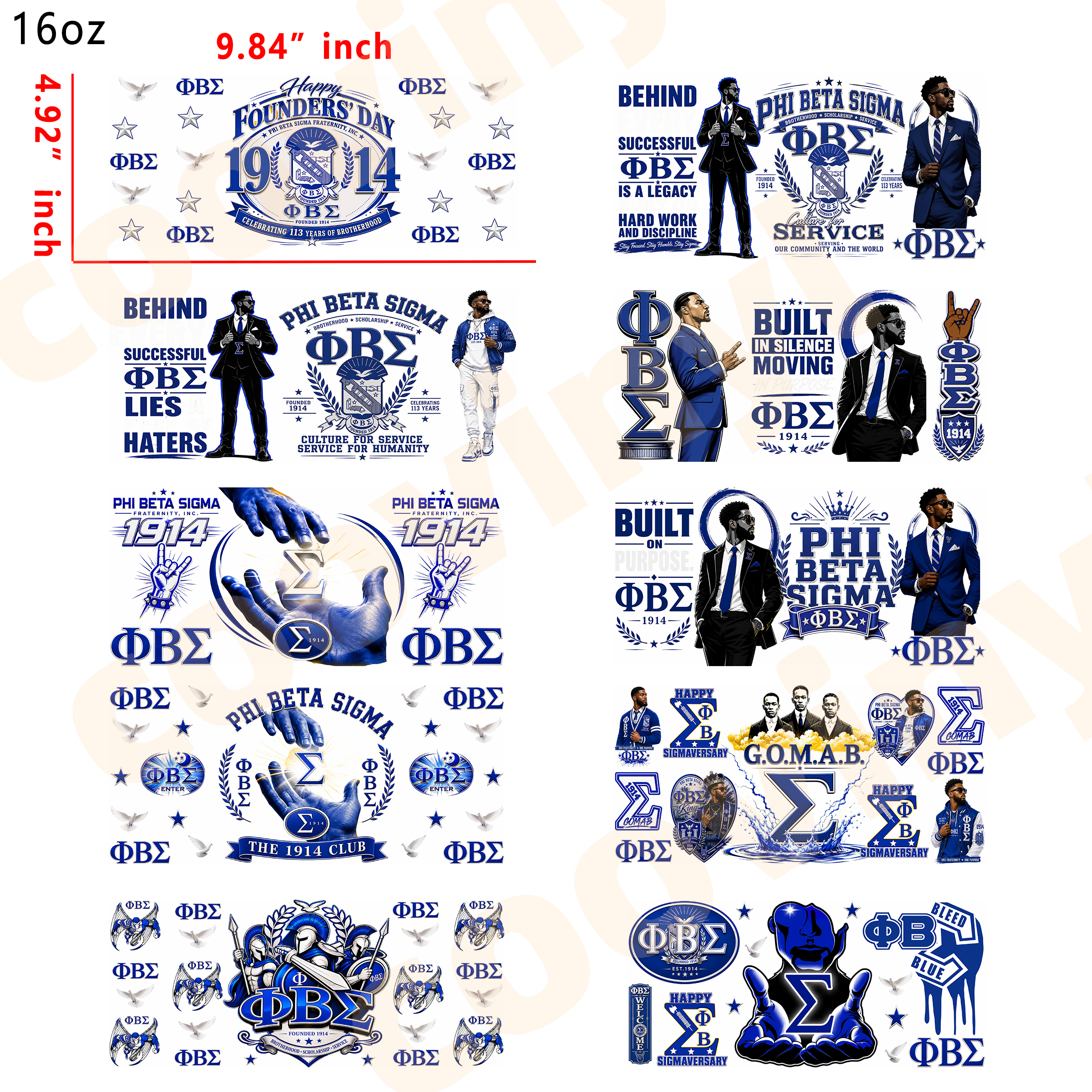 (E31) Phi Beta Sigma 10pcs  16OZ Tumbler Cup Wraps, Waterproof Fade-Resistant Decal Stickers, Vivid HD Print with Strong Adhesion, Customizable Transfers for Glass Cups, Mugs & Smooth Surfaces, DIY Art Craft Supplies