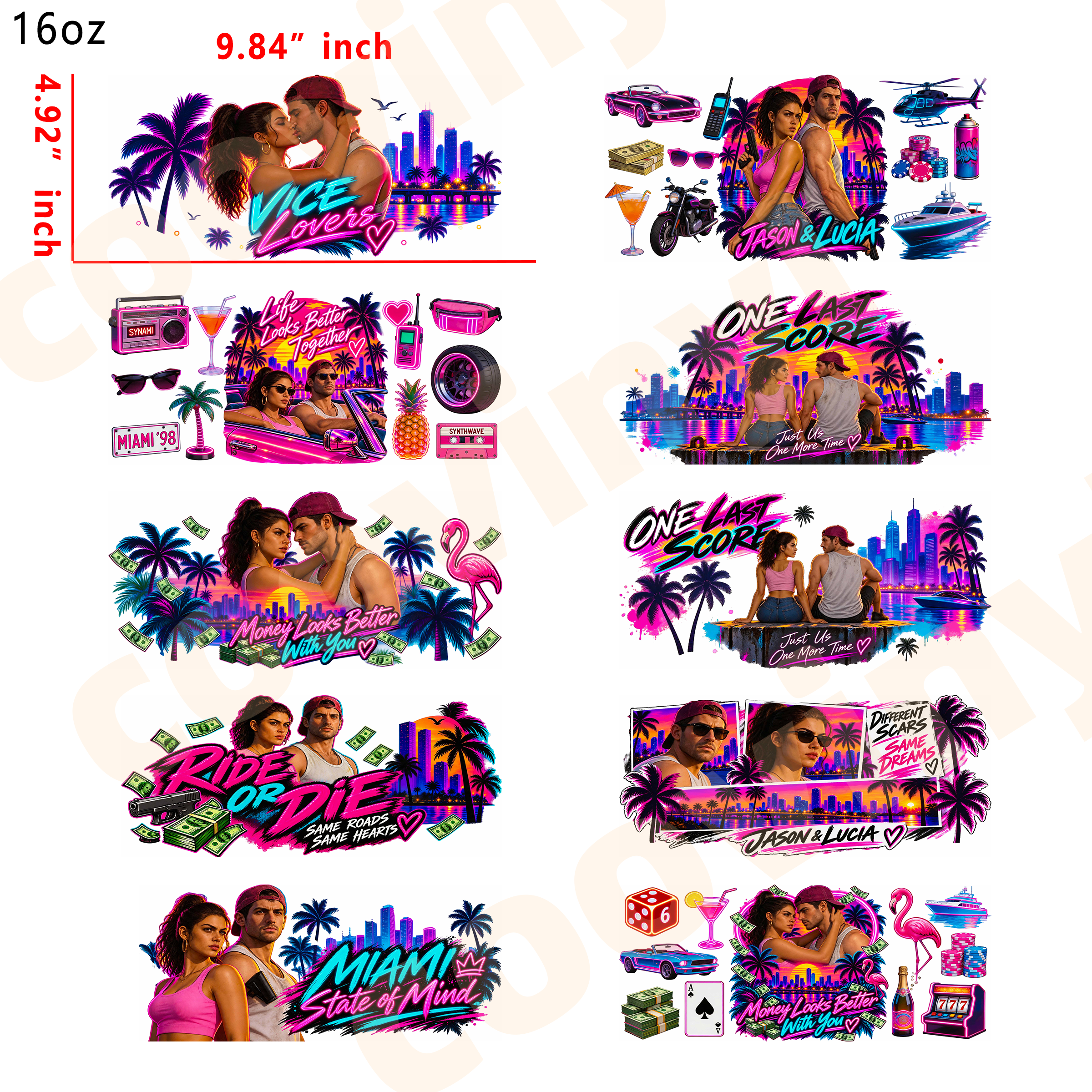 (E33) Vice City 10pcs  16OZ Tumbler Cup Wraps, Waterproof Fade-Resistant Decal Stickers, Vivid HD Print with Strong Adhesion, Customizable Transfers for Glass Cups, Mugs & Smooth Surfaces, DIY Art Craft Supplies