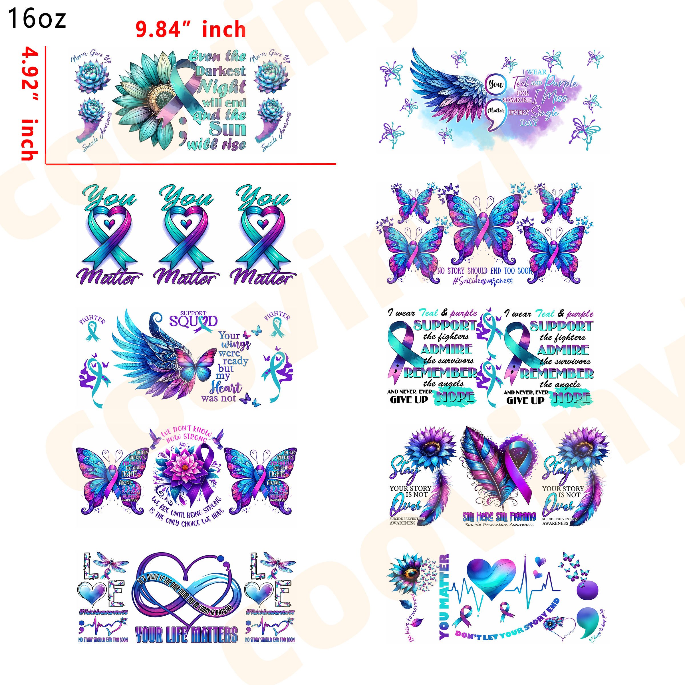 (K36) suicide awareness 10pcs  16OZ Tumbler Cup Wraps, Waterproof Fade-Resistant Decal Stickers, Vivid HD Print with Strong Adhesion, Customizable Transfers for Glass Cups, Mugs & Smooth Surfaces, DIY Art Craft Supplies