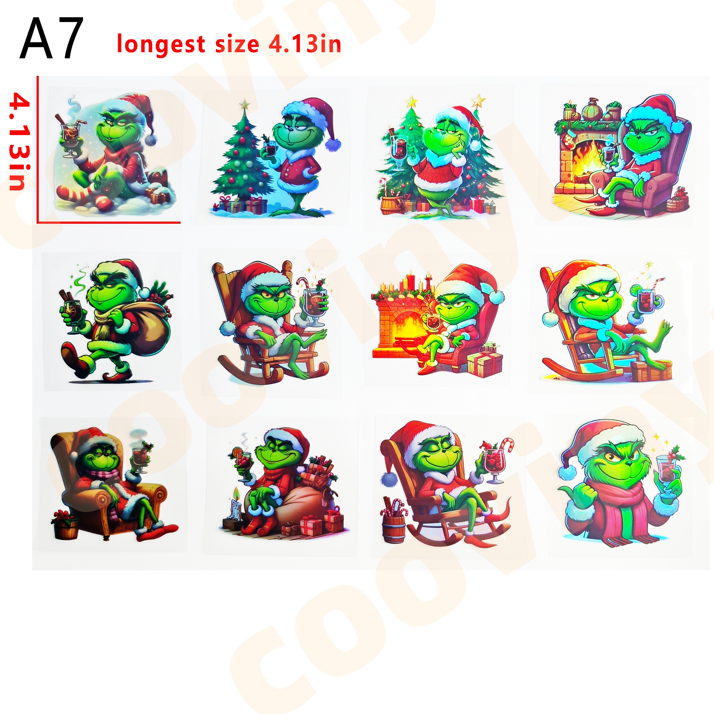 (F58) grinch 12pcs 4inch UV DTF Cup Wraps for 16OZ tumblers Waterproof Acrylic Wraps for Cups Glasses &Smooth Objects Vivid Colors Strong Adhesion CustomizableStickers Decal Sticker Art Crafts Kit