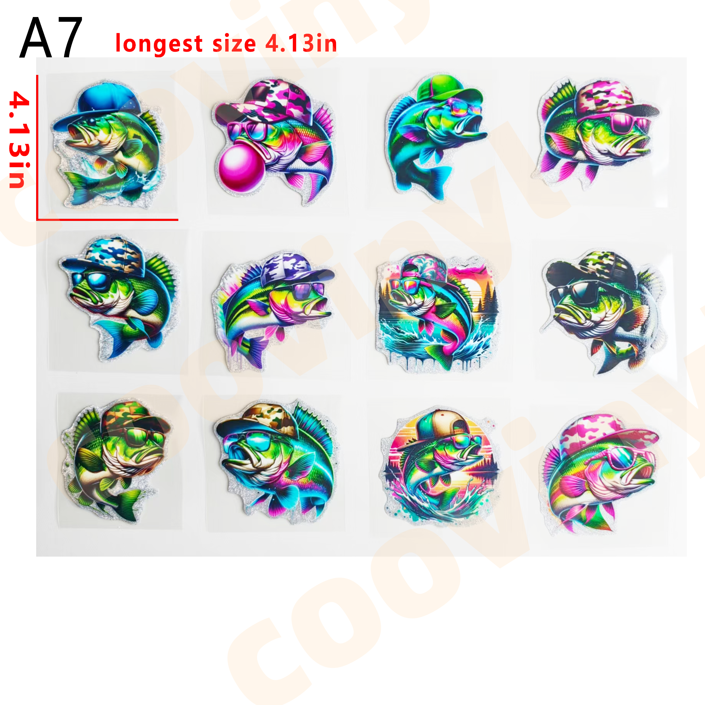 （G66) 12 PCS fish cup wraps 16OZ tumbler  Waterproof Customized Craft Sticker Adhesive Vinyl Decal Glitter Sticker DIY Kit Ready to Use Vivid Color Strong Stickiness